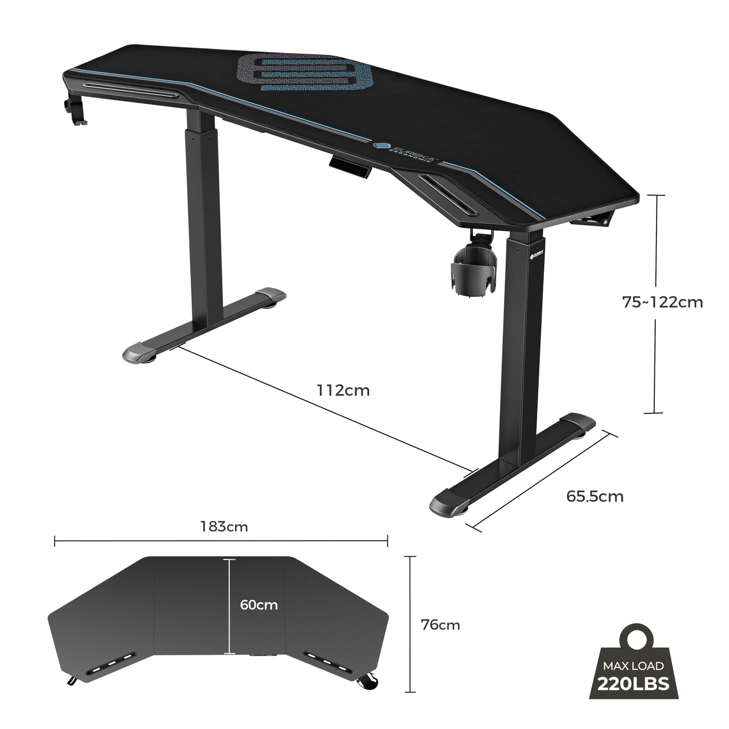 EUREKA ERGONOMIC Height Adjustable Desk 182 x 76 cm Standing Desk in Wing Shape Gaming Table Height Adjustable Electric Large Gaming Desk with LED Monitor Stand and Keyboard Shelf