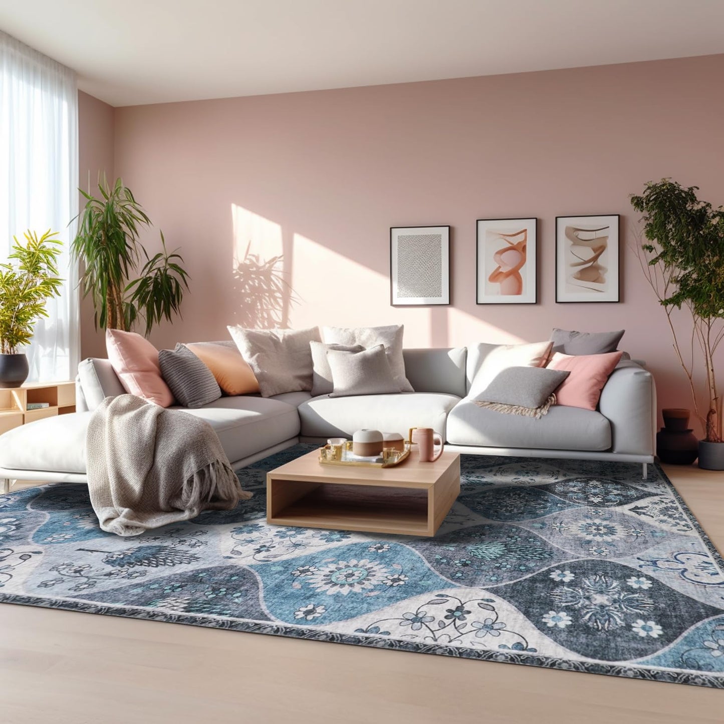 Xfrog Blumen Boho Teppich - Rutschfester Waschbarer Ultraweicher Antiker Niedriger Flor Flächenteppich für Wohnzimmer, Schlafzimmer, Kinderzimmer - 80 x 150 cm