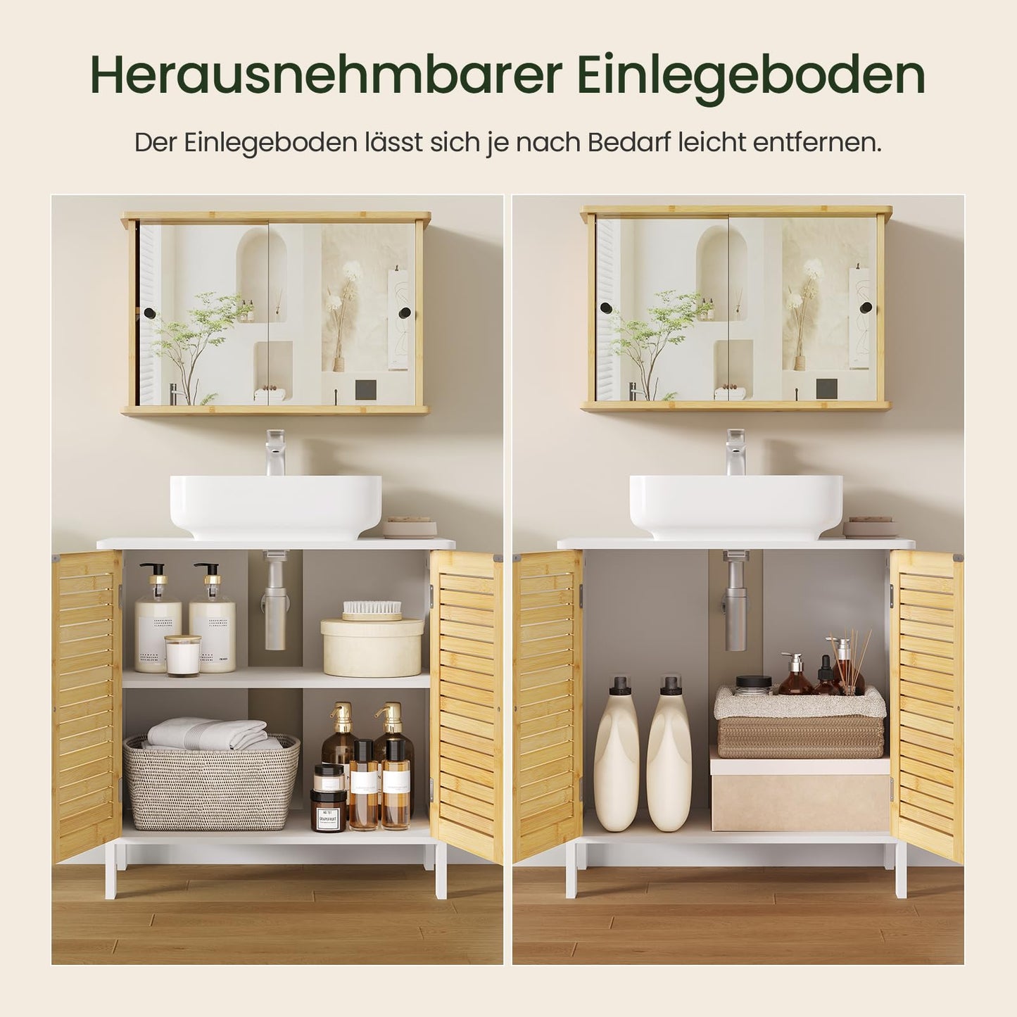 EUGAD Under Basin Vanity Unit Bathroom Cupboard with 2 Doors 60 x 30 x 60 cm, Bamboo