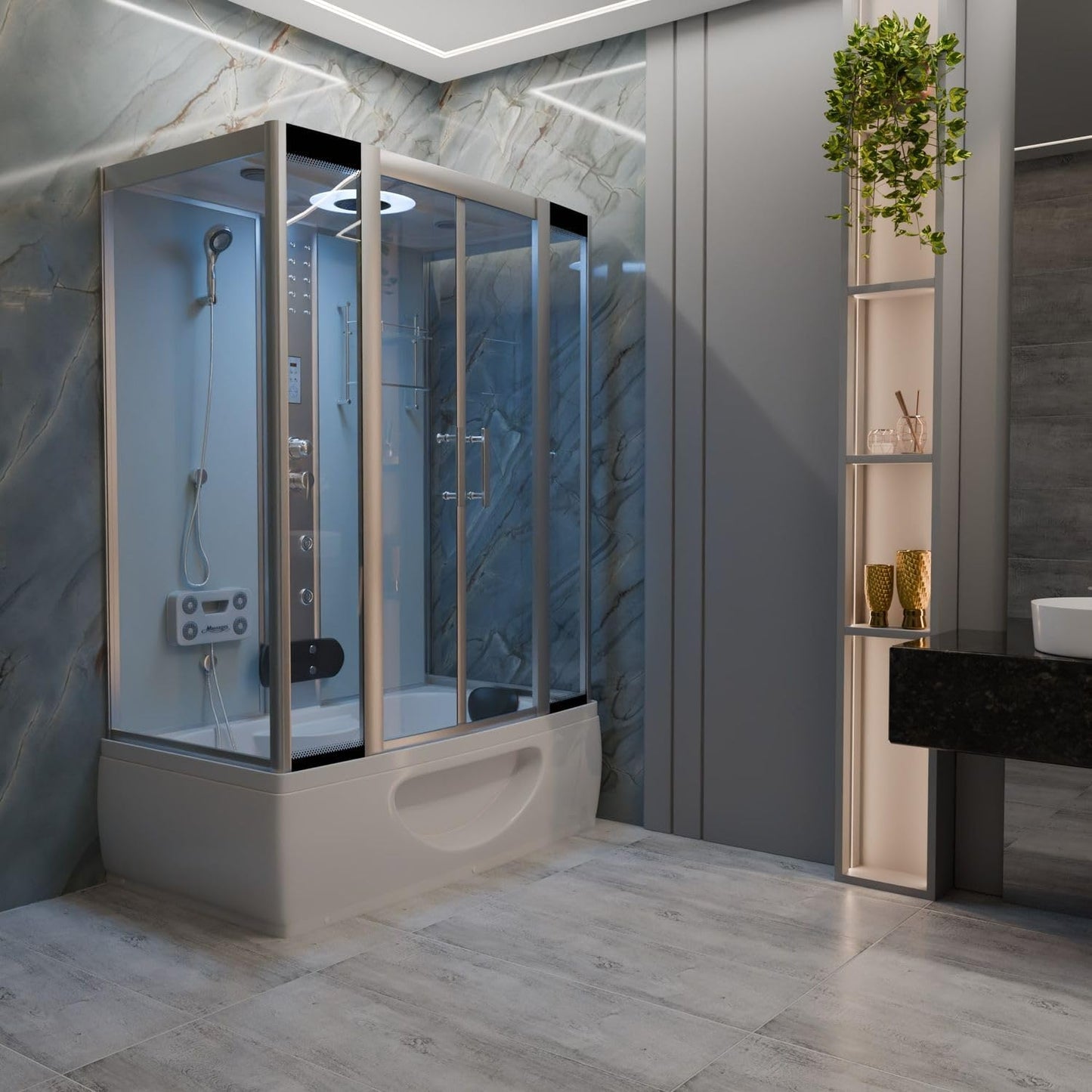 Tronitechnik® Duschtempel Dusche IKARIA 135x80x220cm Komplettdusche Fertigdusche mit Wanne, Duschkabine mit Badewanne, freistehend, inkl. Zubehör, Regendusche, Massage