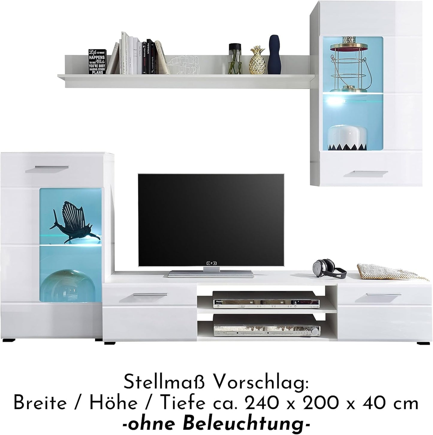 Shot Wall Unit Complete Set in White High Gloss – Modern Cabinet Wall Unit with Lots of Storage Space for Your Living Room – 230 x 190 x 40 cm (W x H x D)