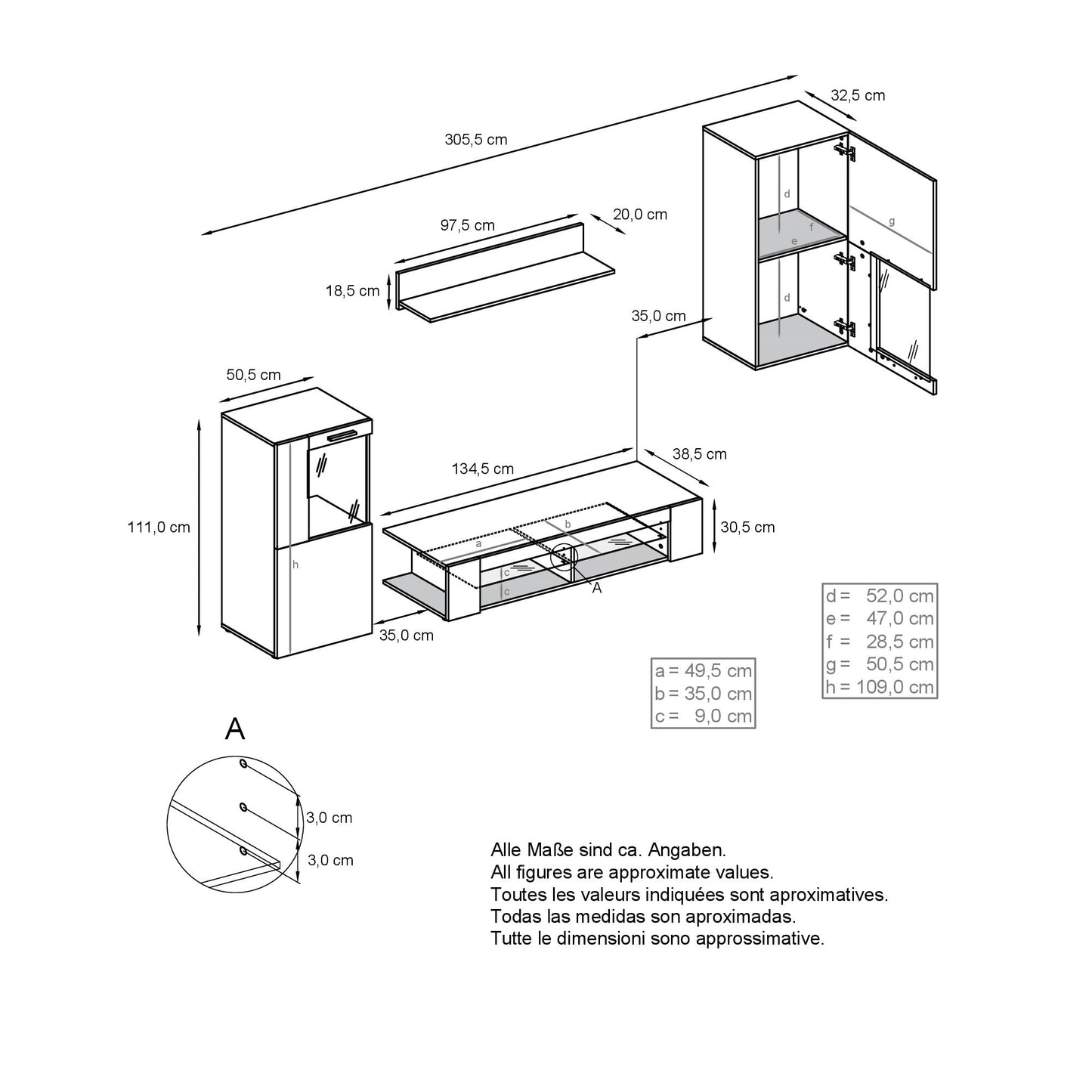 Vladon Wohnwand Movie, Anbauwand bestehend aus 1 TV-Board, 2 Vitrinen und 1 Regal, Weiß matt/Weiß matt/Weiß Hochglanz (Gesamt: 300 x 190 x 39 cm)