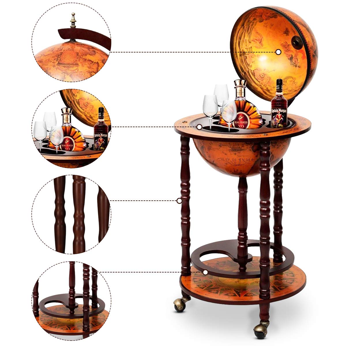 RELAX4LIFE Globe Bar on Wheels, Bar Trolley with World Globe, Bar Table Solid Wood, Serving Trolley with Wine Bottle Holder, Mobile Cocktail Bar, Antique Look, Decorative Mini Bar Serving Table