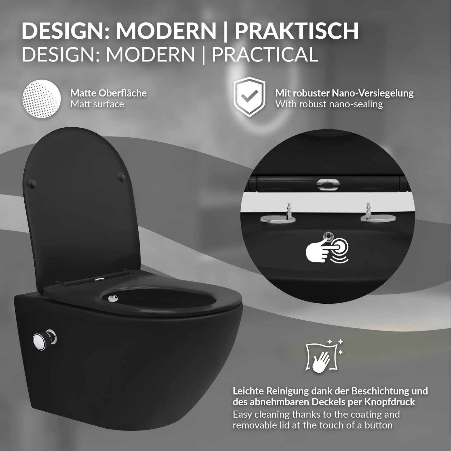 LuxeBath Wall-Mounted Toilet Rimless with Bidet Function, White, Deep Washdown Ceramic Hanging Toilet, Long 53.5 cm, Shower Toilet Nano Coating, Tornado Flush, Shiny Toilet Bowl Hanging with Toilet