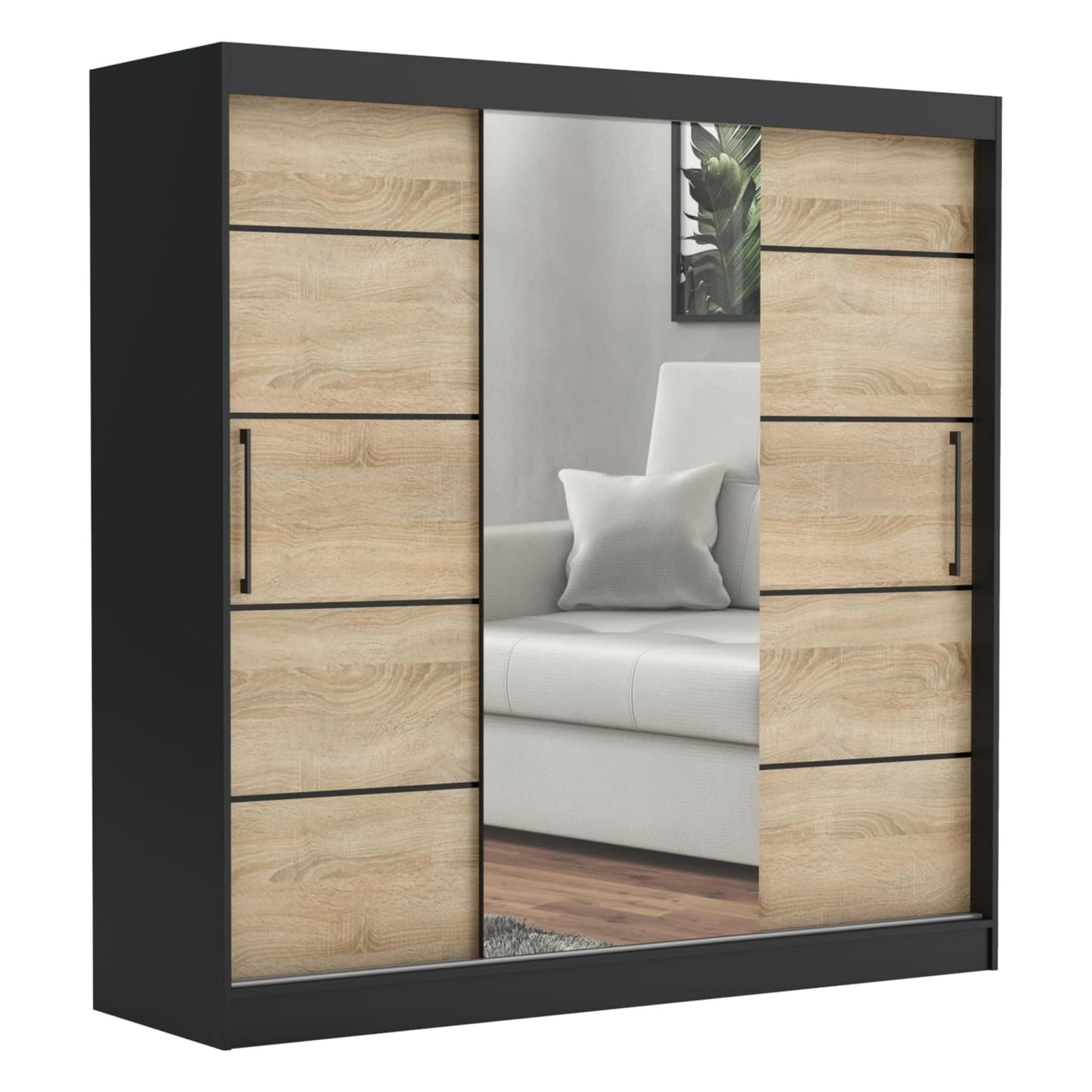 Brent - Kleiderschrank mit Spiegel und Schubladen 200cm Breit Chelsea Tomy, Schwebetürenschrank mit Spiegel, Schlafzimmerschrank, Kleiderschrank Schwarz/Wotan Eiche