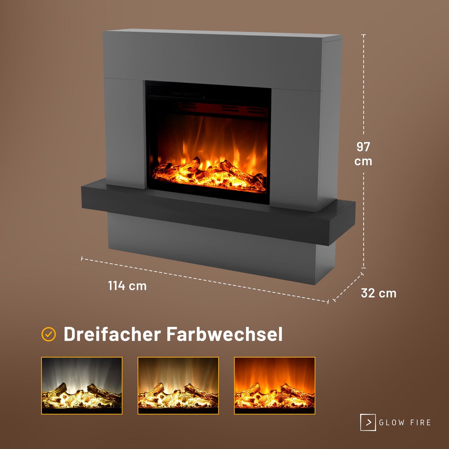 GLOW FIRE Electric Fireplace with Heater and Fireplace (Pandora Standing Fireplace) - Electric Fireplace with LED Fire in 3 Colours, Fan Heater, Wooden Decoration & Remote Control, 114 x 97 x 32 cm,