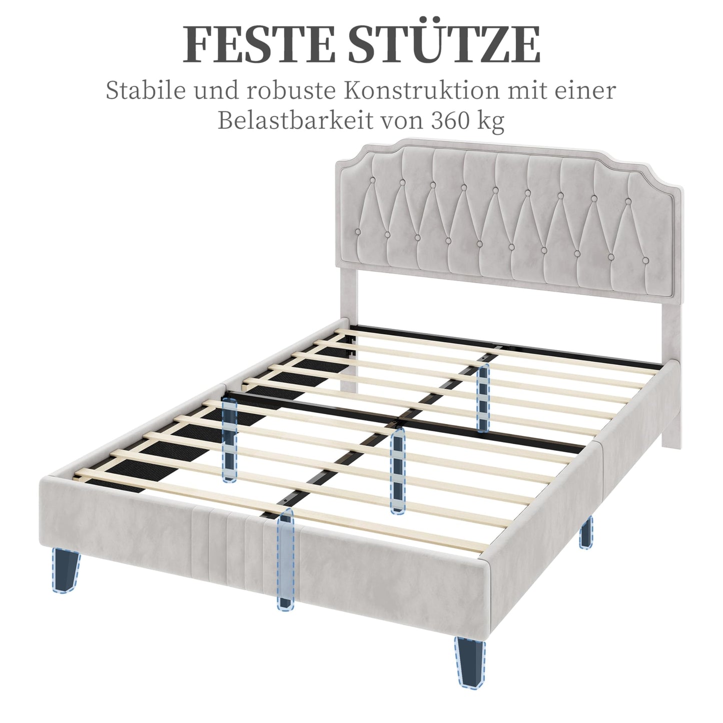 Yaheetech Upholstered Double Bed 140 x 200 cm Fabric Bed Youth Bed Padded Bed with Height-Adjustable Headboard Bed Frame with Slatted Frame, Dark Grey