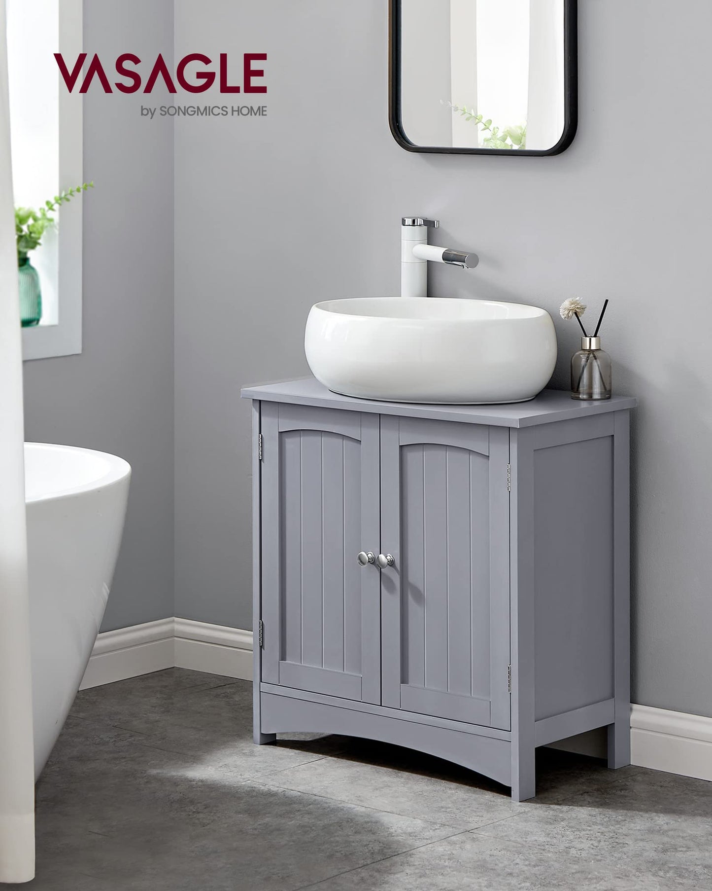 VASAGLE BBC410P31 Vanity Unit Extra Long 30 x 90 x 60 cm 2 Doors Bathroom Cabinet Open Compartments Height Adjustable Shelves White