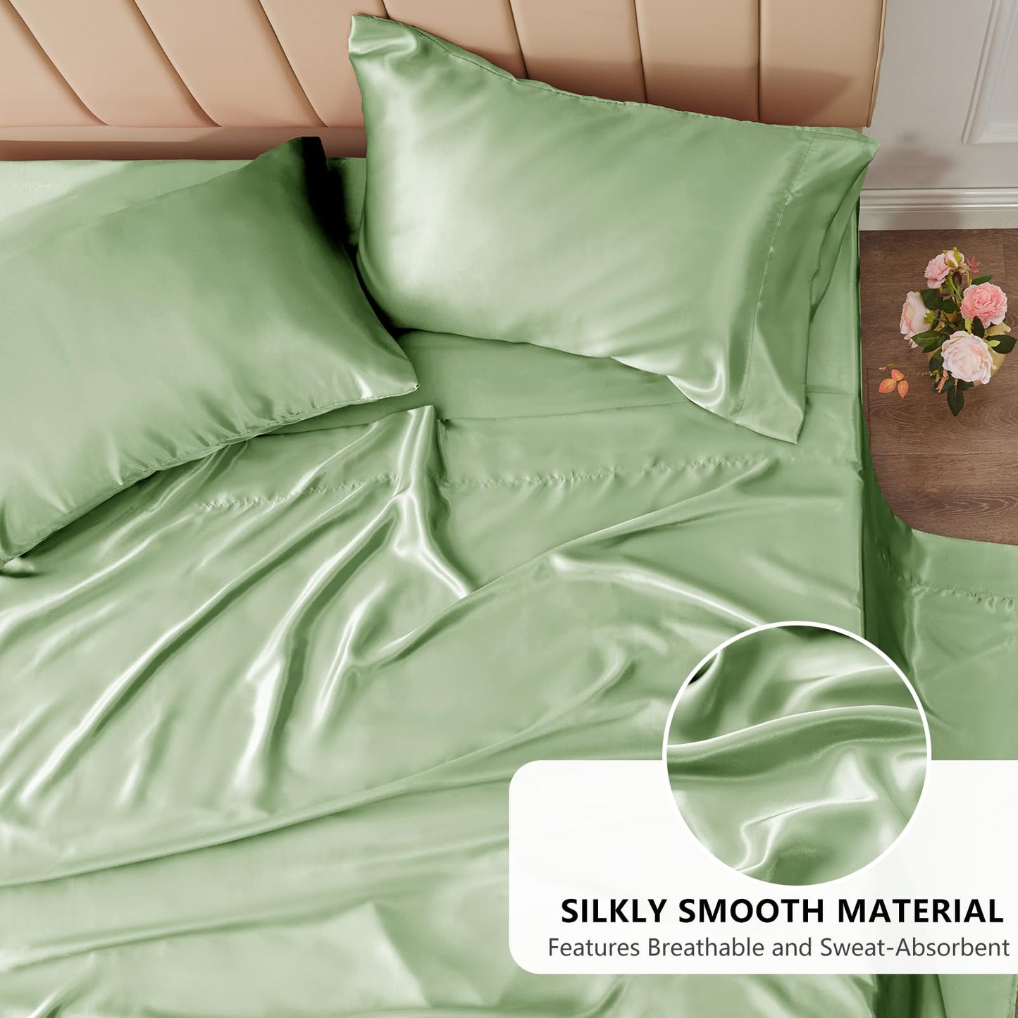 CozyLux Satin Sheets Queen Size - 4 Piece Black Bed Sheet Set with Silky Microfiber, 1 Deep Pocket Fitted Sheet, 1 Flat Sheet, and 2 Pillowcases - Smooth and Soft