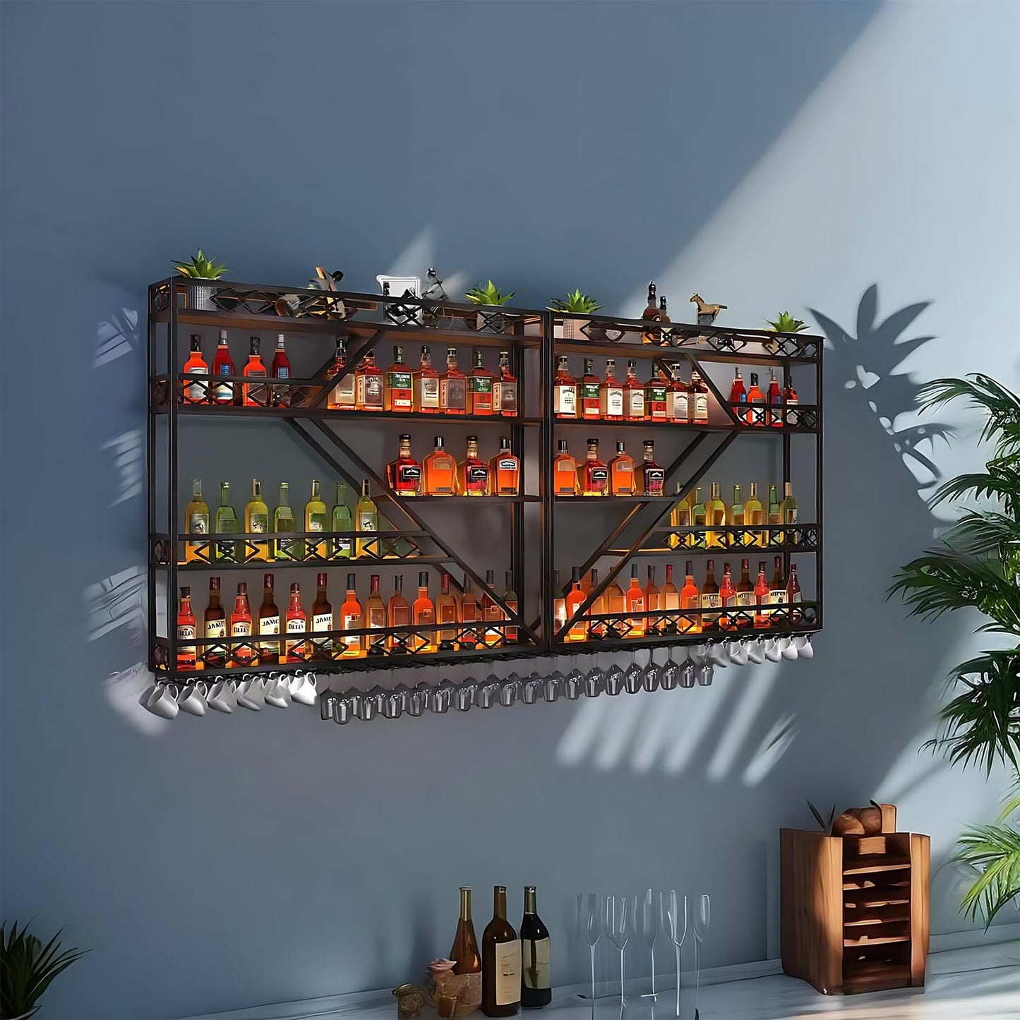 Wall Wine Rack Metal with LED Lighting and Modular Wine Bottle Holder Modern Wine Storage for Home Bar, Kitchen, Catering Robust Holder + Easy Assembly (Includes Dowels) (Black, 2.4 m)