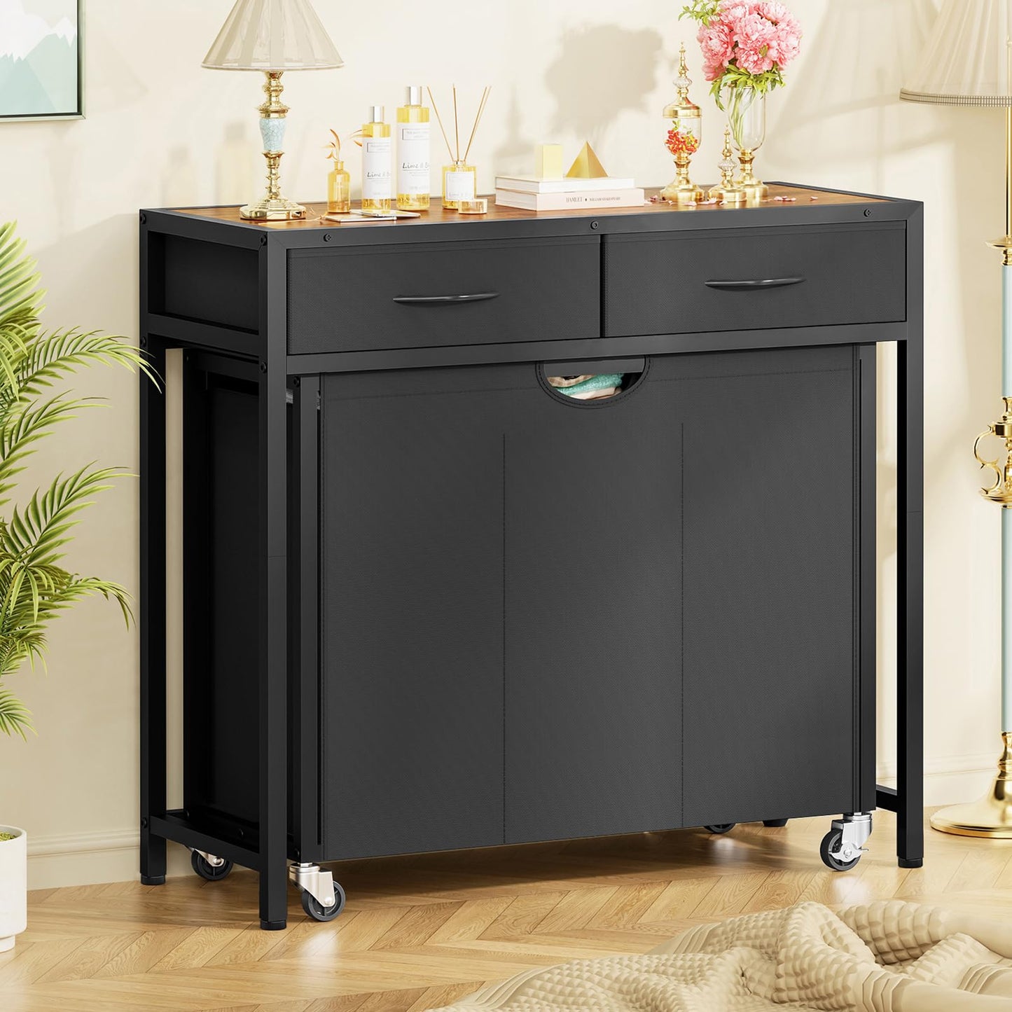 FIONESO Laundry Basket 3 Compartments, 120 L Laundry Hamper with 2 Drawers, Laundry Basket with Wheels & Two-Tone Top Plate, Laundry Trolley for Laundry Room, Bathroom, Entrance Area - 80 x 32 x 76.5