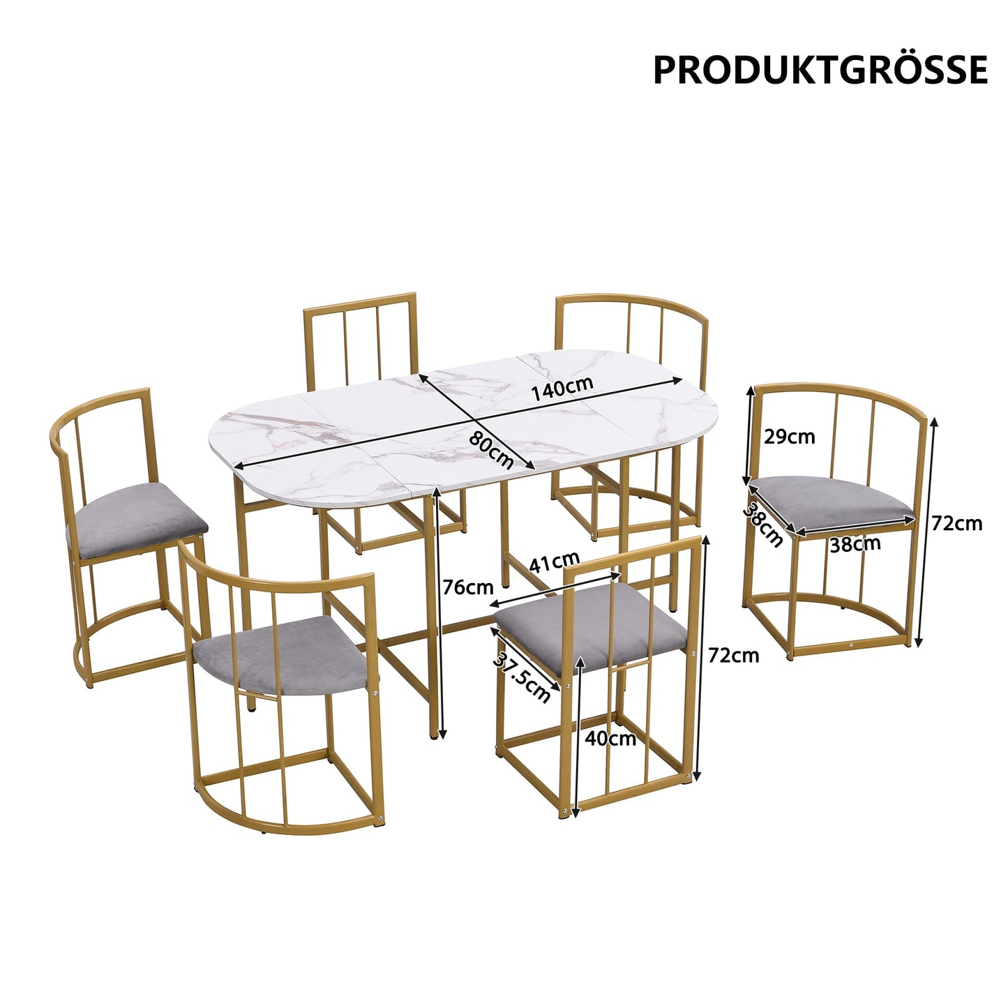 Gegtuon Esstisch 7 teilig für 6 Personen 140x80x76cm, Esstisch Rund mit 6 Stühlen und Tisch, Modern Küchentisch Metallgestell mit Rückenlehne, Essgruppe für Esszimmer Wohnzimmer Küche, Schwarz