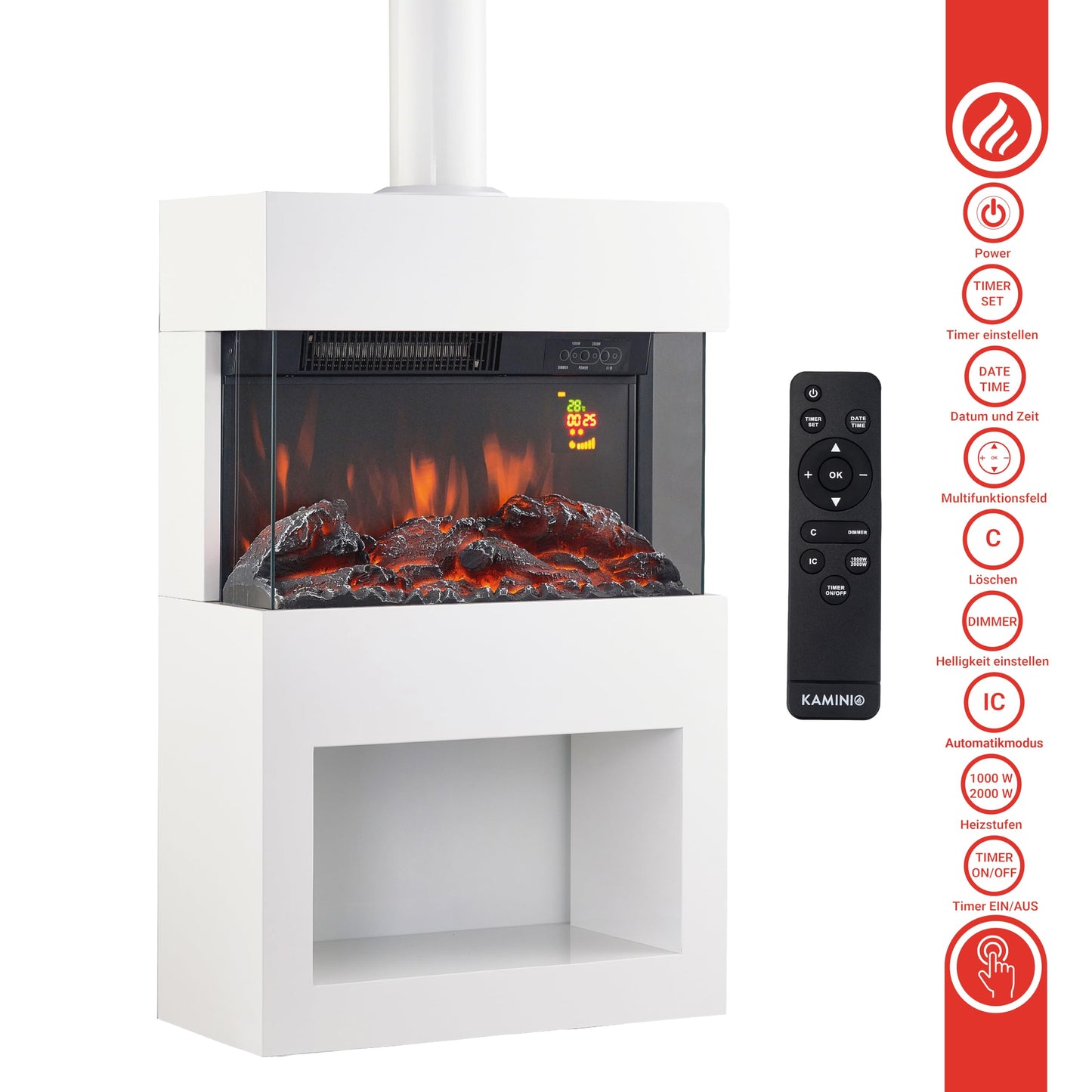 KAMINIO Henri Electric Fireplace with Stove Pipe - Electric Stove with Heater, 3D Flame Effect, Wooden Compartment, Remote Control (White)