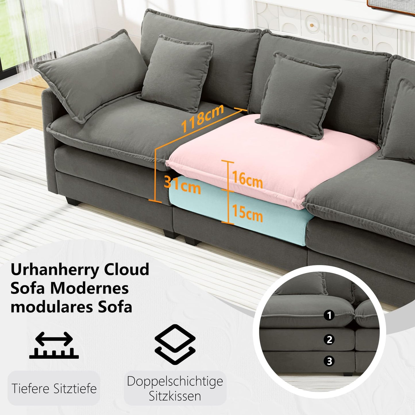 Urhanherry U-Shape Cloud Sofa, Modular Sectional Sofa, 6-Seater with 2 Ottomans, Modern Sofa with Decorative Cushions/Armrests, Breathable Chenille Fabric, U Sofa Couch for Living Room, Beige