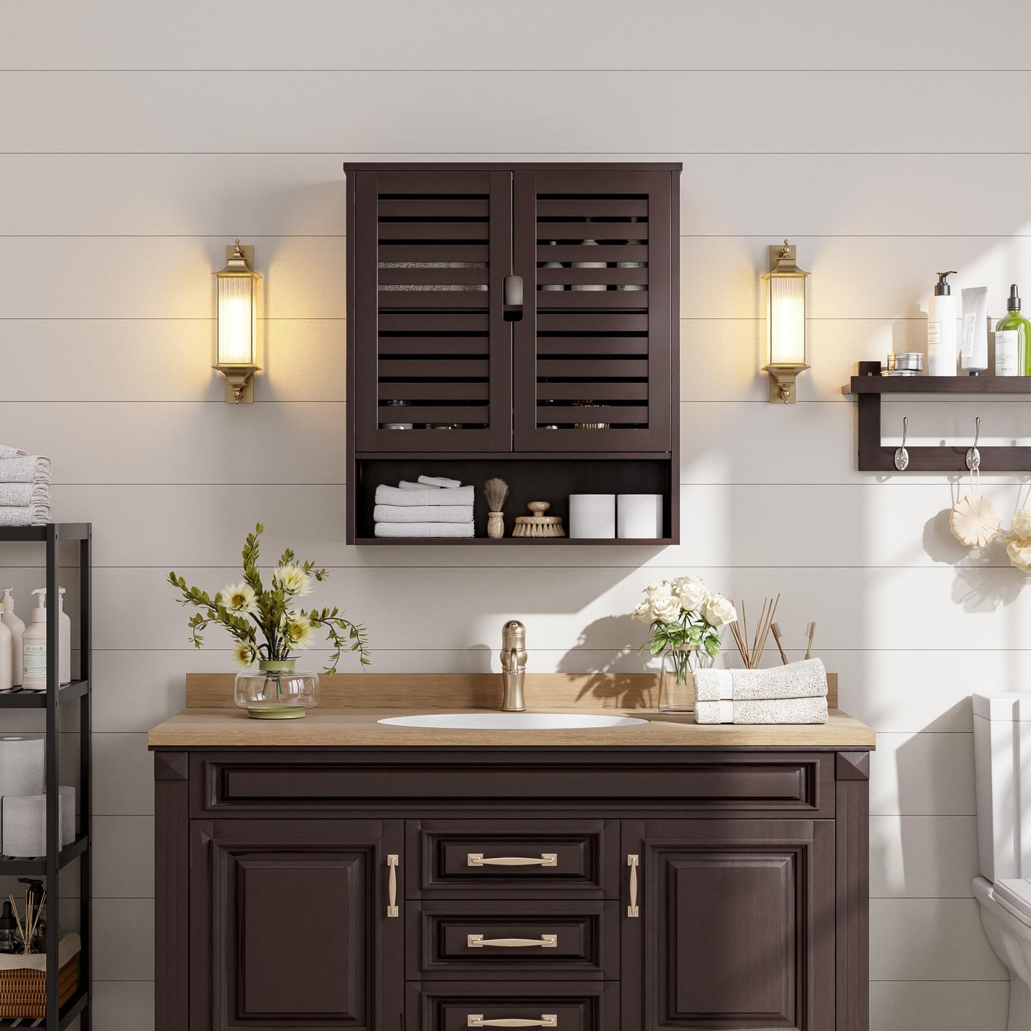 SMIBUY Bathroom Cabinet, Wall Mounted, Bamboo Over the Toilet Storage Organiser, Space Saving Medicine Cabinet with 2 Doors and Adjustable Shelves (Black)