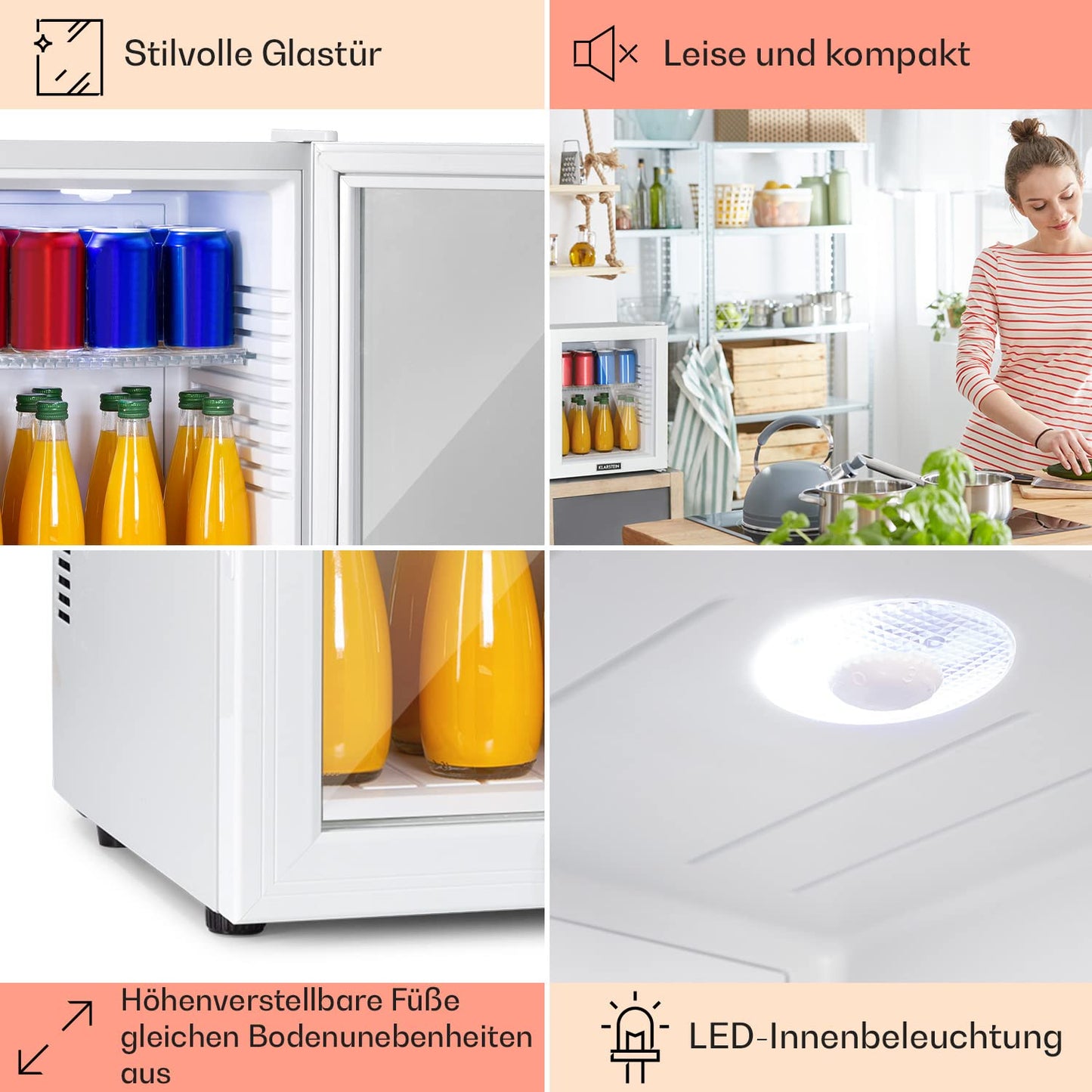 Klarstein Kühlschrank, Mini Kühlschrank mit Glastüre, Mini-Kühlschrank für Getränke, Snacks & Kosmetik, Kühlschrank Klein & Leise, Verstellbare Ablagen, Kleiner Skincare Kühlschrank 12-18°C, 23L