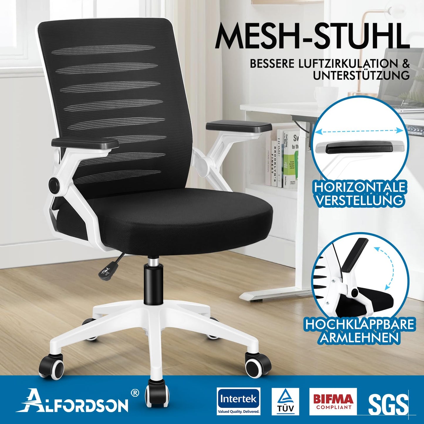ALFORDSON Bürostuhl, Lendenstütze, Atmungsaktives Netz und Stoff, Hochklappbare/Verstellbare Armlehnen, Hochwertiger Schaumstoff, 180kg für Zuhause & Gaming, Wale, Schwarz
