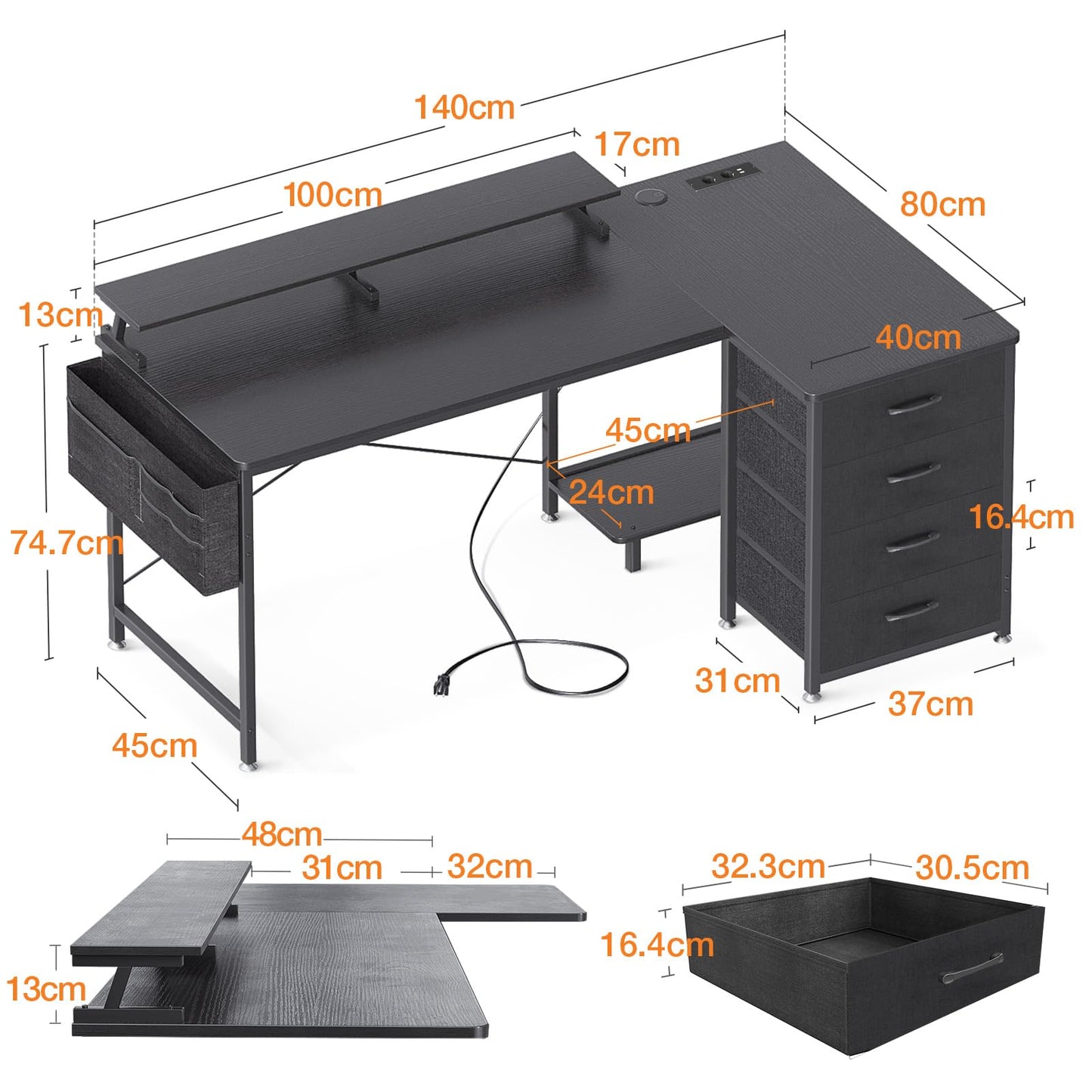 ODK Corner Desk with 4 Fabric Drawers, 140 x 80 cm, Desk L Shape Reversible with USB Charging Port and Socket, L Shaped Desk with Monitor Shelf for Home Office, White