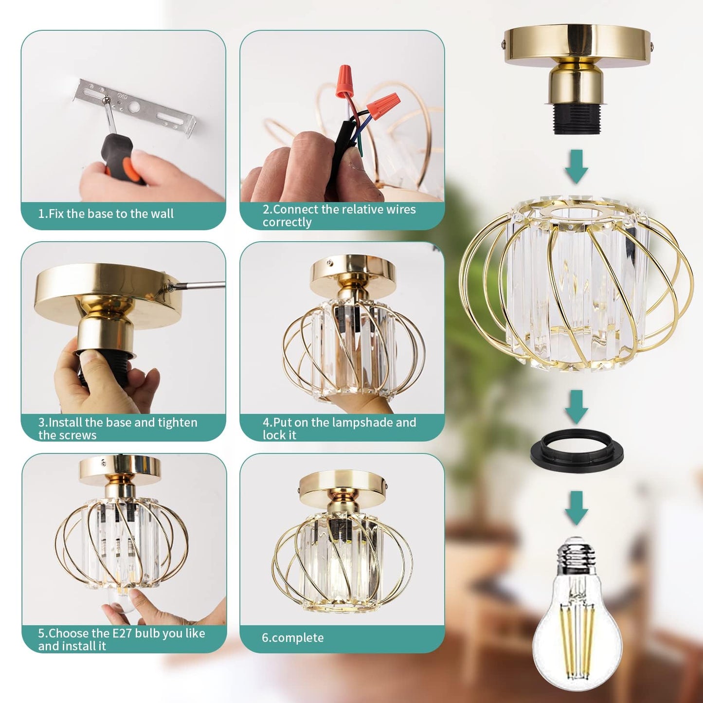 FRIDEKO HOME Modern Kronleuchter Kristall Deckenleuchte Gold,Kleine Kristall Deckenlampe E27 Fassung für Wohnzimmer Schlafzimmer Küche Flur,Ø23cm
