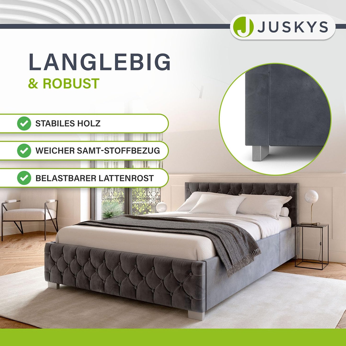 Juskys Nice Upholstered Bed 180 x 200 cm Velvet with Storage Space, LED Lighting & Slatted Frame - Chesterfield Quilting & Headboard - Bed Frame - Grey