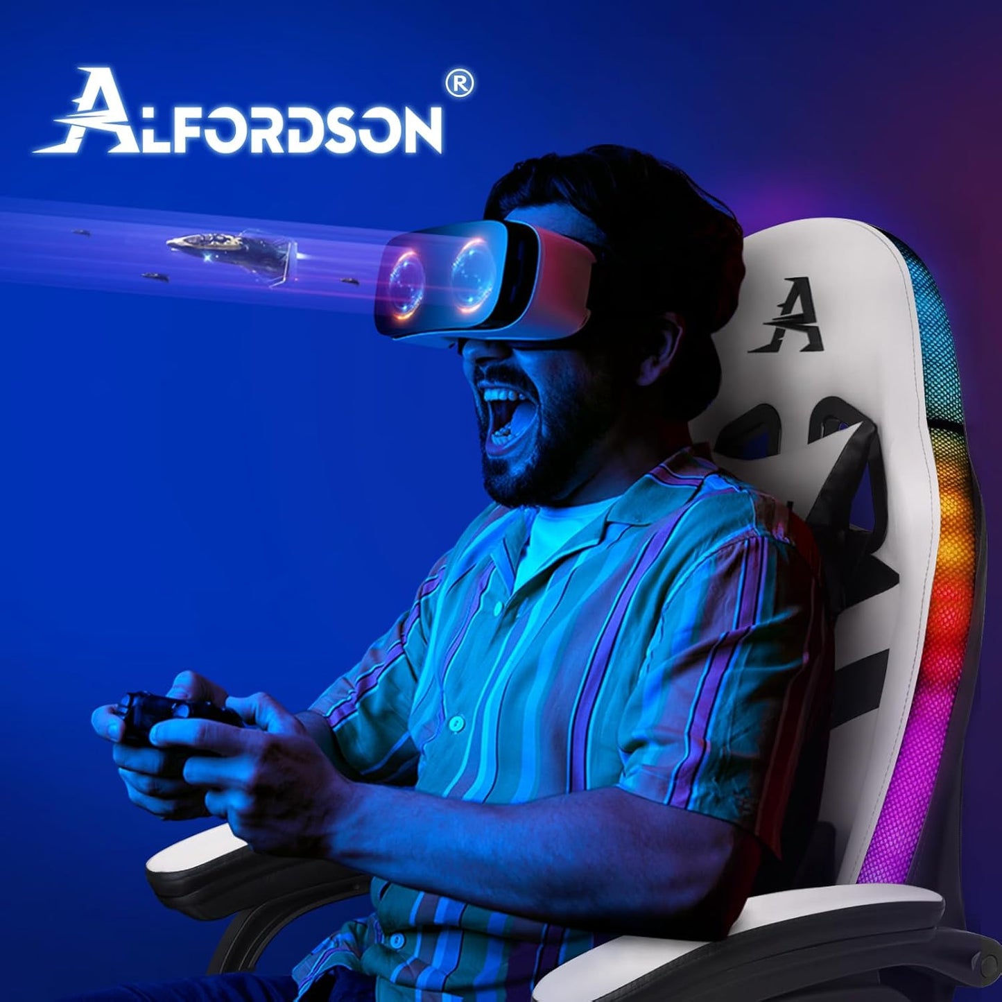ALFORDSON Gaming Chair, LED Racing Gamer Chair with 12-Colour RGB Lighting, Massage Gaming Chair with Lumbar Support, Footrest, PU Material, White