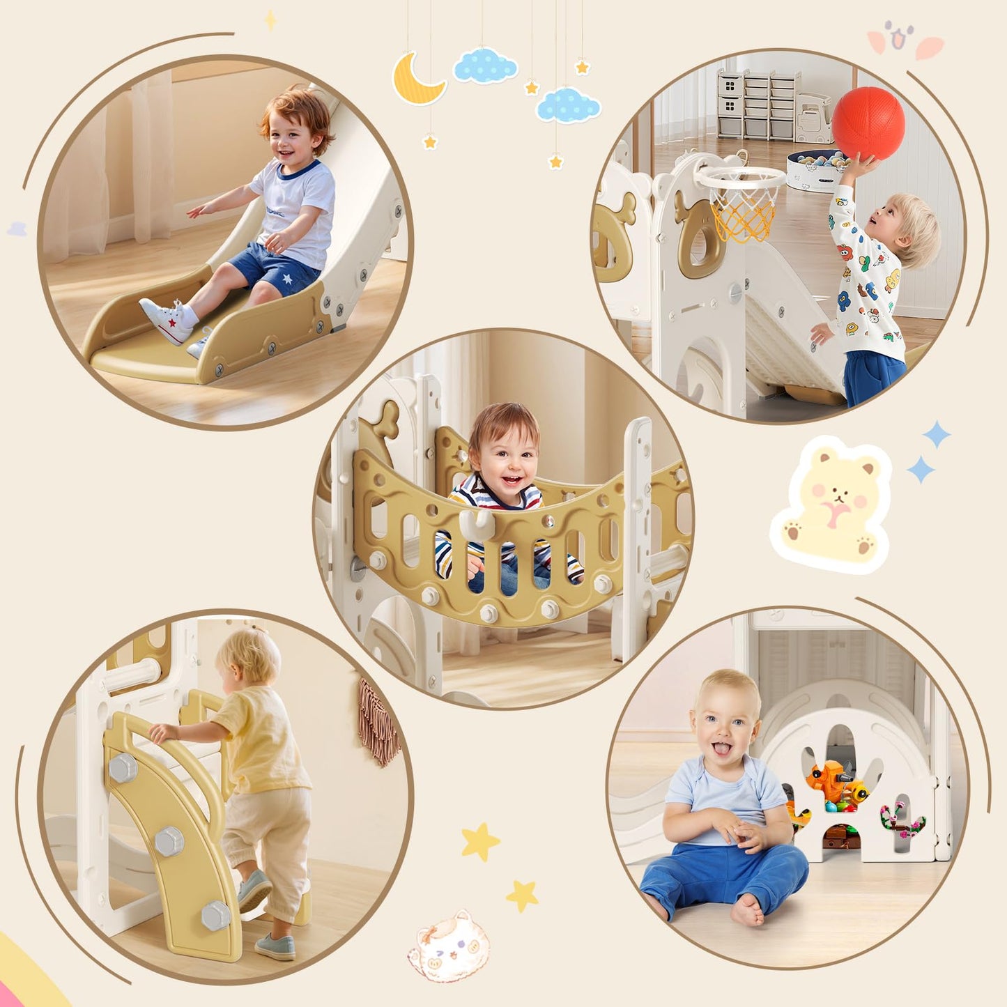 Kinderrutsche, Kleinkindrutsche mit Weihnachtselchmotiv Kleinkinderrutsche mit Golfset, Babyrutsche, Spielplatzgerät, für den Innen- und Außenbereich freistehend Babyrutsche (Khaki-6-in-1- Active)