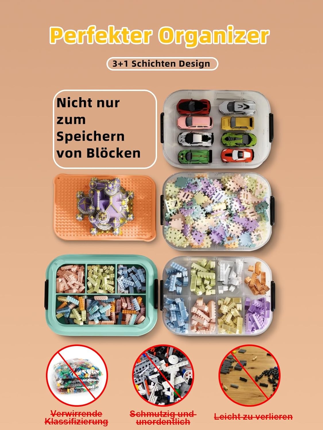 TEYOUAI Aufbewahrungsboxen Organizer mit Deckel für Lego Cube 3 Schichten Stapelbar Klar Spielzeugkiste für Bausteine Steine Puzzle Board Organizer Zubehör Grün