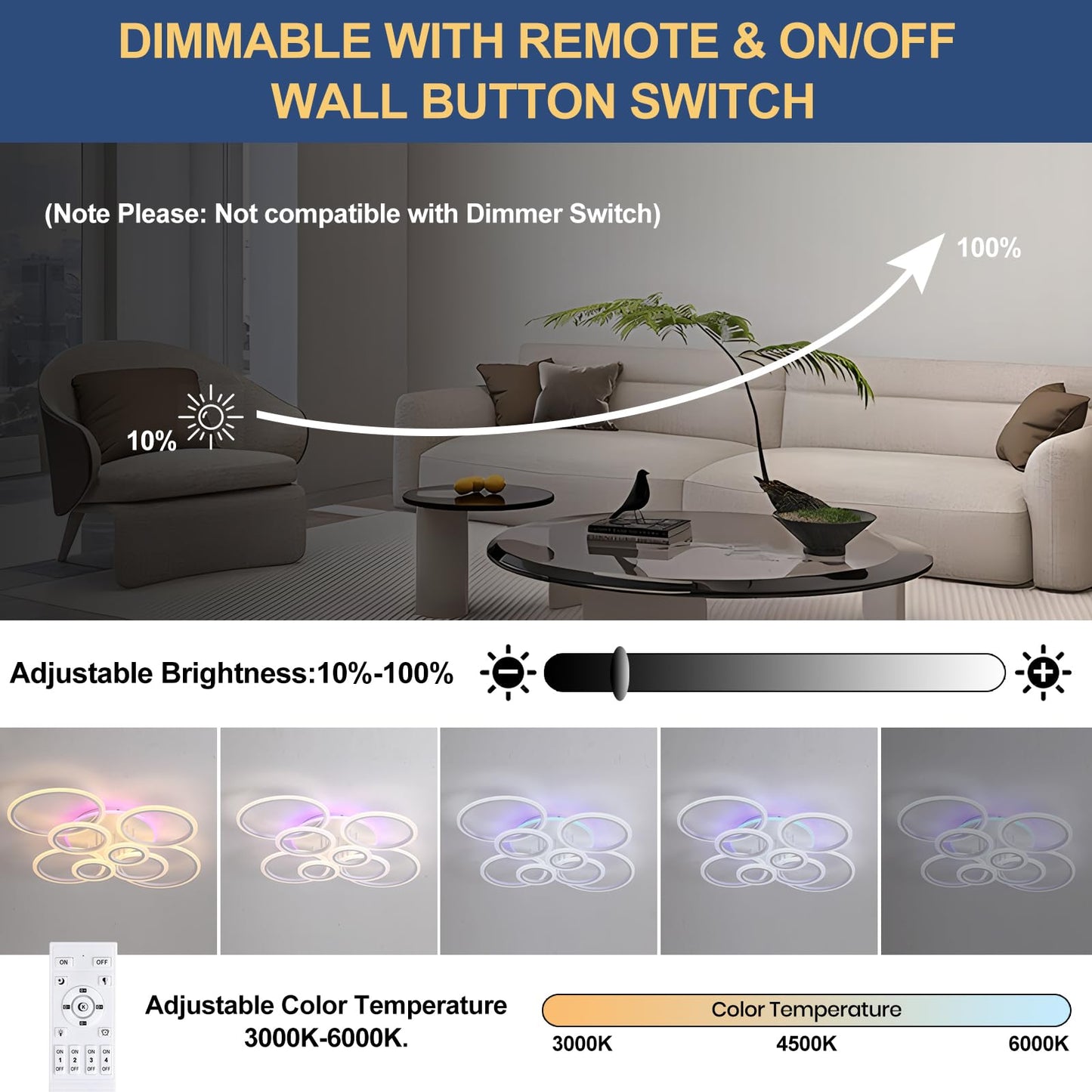 ZAITINZ Led Deckenleuchte,Wohnzimmerlampe 80W,Deckenleuchte Dimmbar mit fernbedienung 3000-6000K,5 Quadratische Deckenlampe Led,Moderne Deckenleuchten für Wohnzimmer,Schlafzimmer,Küche,Flur,Chrom