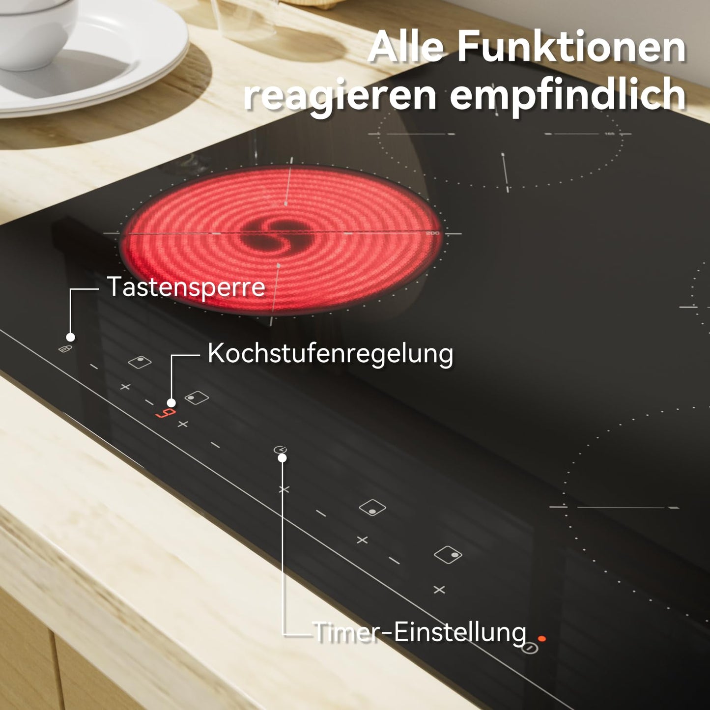 Hermitlux kochfeld 28,8cm, Glaskeramik Kochfeld 2 Platten, 9 Leistungsstufen, Touch-Steuerung, Timer, Kindersicherung, Geeignet für Alle Töpfe, 3300W
