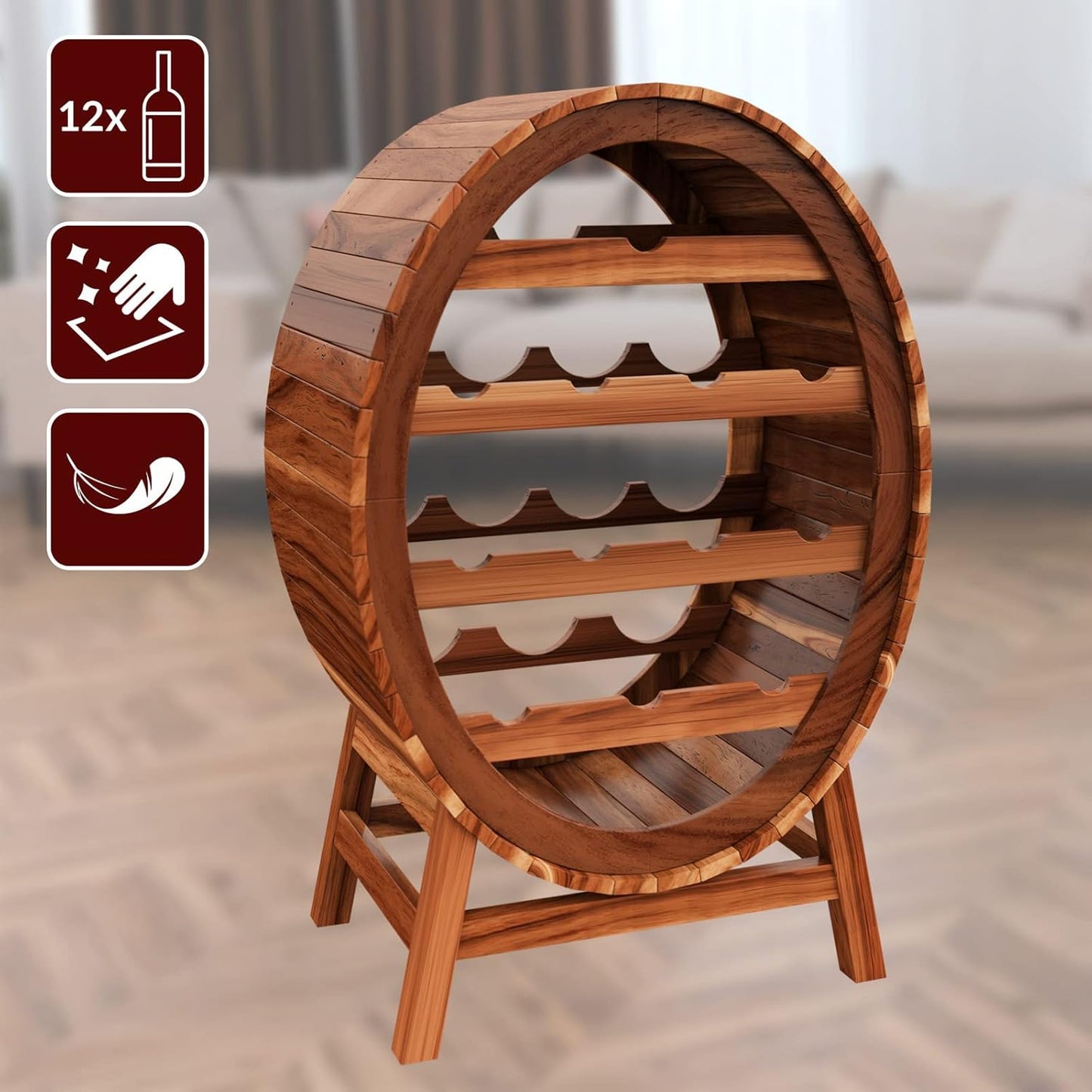 Casaria® Weinregal Fass 12 Flaschen Akazie Massiv Holz Rustikal 90x50x30cm Stehend Keller Küche Wohnzimmer Bar Weinfass Flaschenregal Weinständer Regal