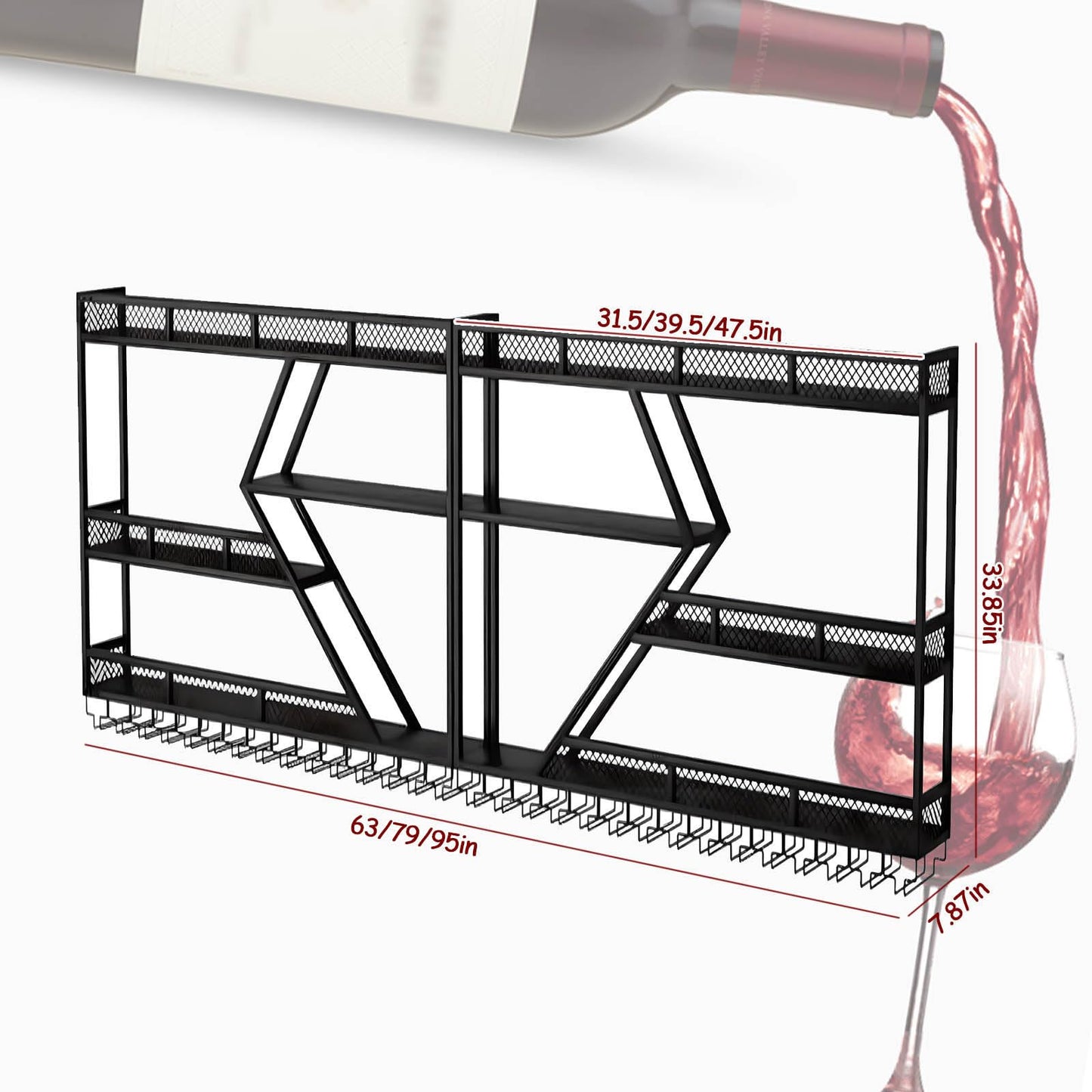 Weinregal aus Metall, großer Weinflaschenhalter aus Wandmontage mit 3 Ebenen, modernes, schwebendes Barregal in Rautenform,für die Dekoration von Restaurants und Bars zu Hause (schwarz, 200cm)
