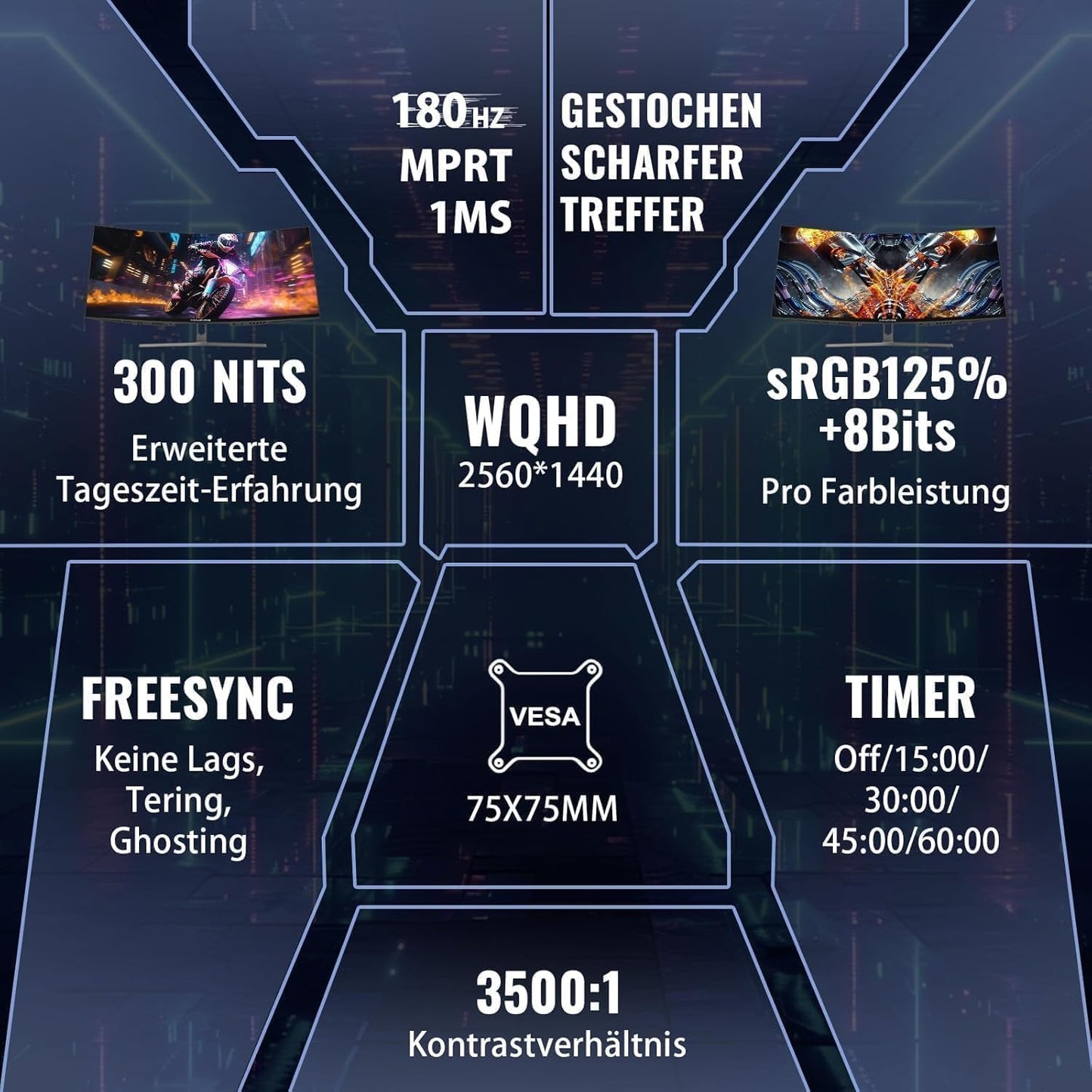 Minifire MFG32C3Q Gaming Curved Monitor 32 Inch 180Hz, 2K WQHD (2560 x 1440), 1500R, 1ms (MPRT), AMD FreeSync, sRGB 125%, VESA, 2xHDMI 2.0 / 2xDP (180Hz), Eye Care