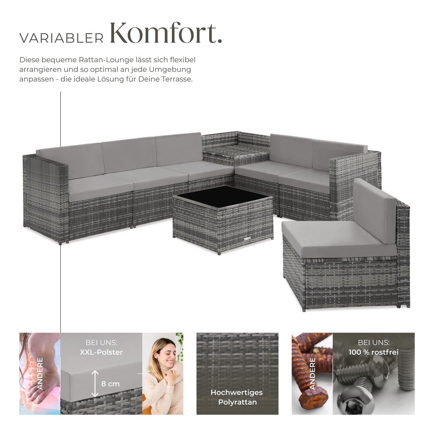 tectake Polyrattan Gartenlounge, frei zu gruppierende Balkon Möbel, Gartenmöbel Set mit einem Beistelltisch Outdoor, inkl. Auflagenbox und Sitz- und Rückenkissen - grau