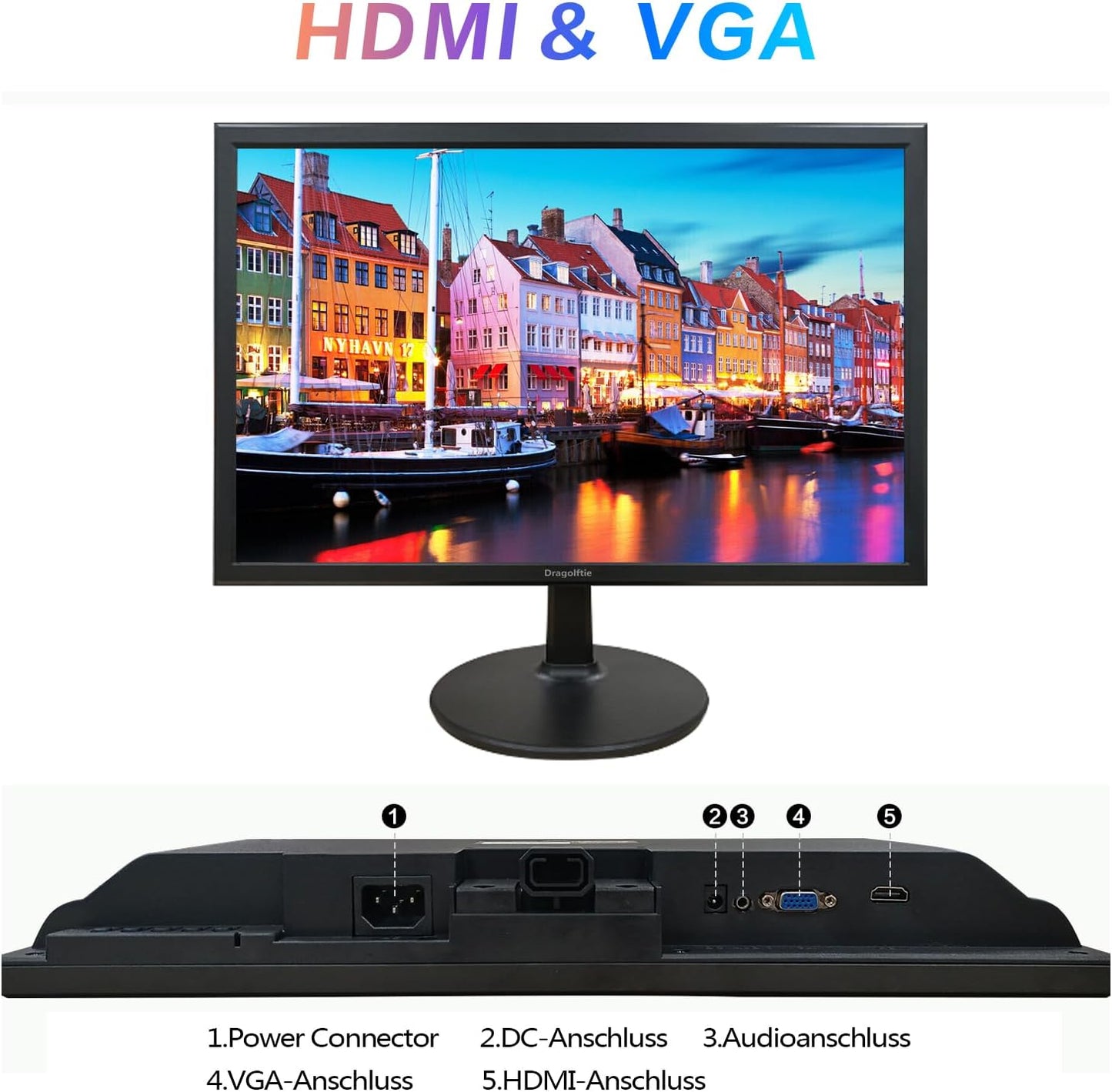 Dragolftie 19 Inch PC Monitor 1440 x 900, Two Built-in Speakers, 60Hz, 5ms, Computer Screen with Low Blue Light Desktop Monitors, HDMI, VGA, VESA Mountable Business Screen, Black