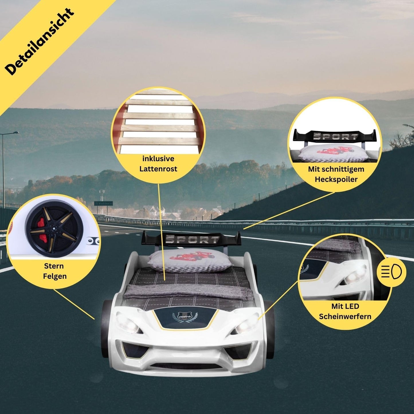 Coemo Dream Racer Children's Car Bed 90 x 200 cm in Racing Car Design with LED Lighting and Slatted Frame for Boys and Girls - Beds Colour White - Racing Bed
