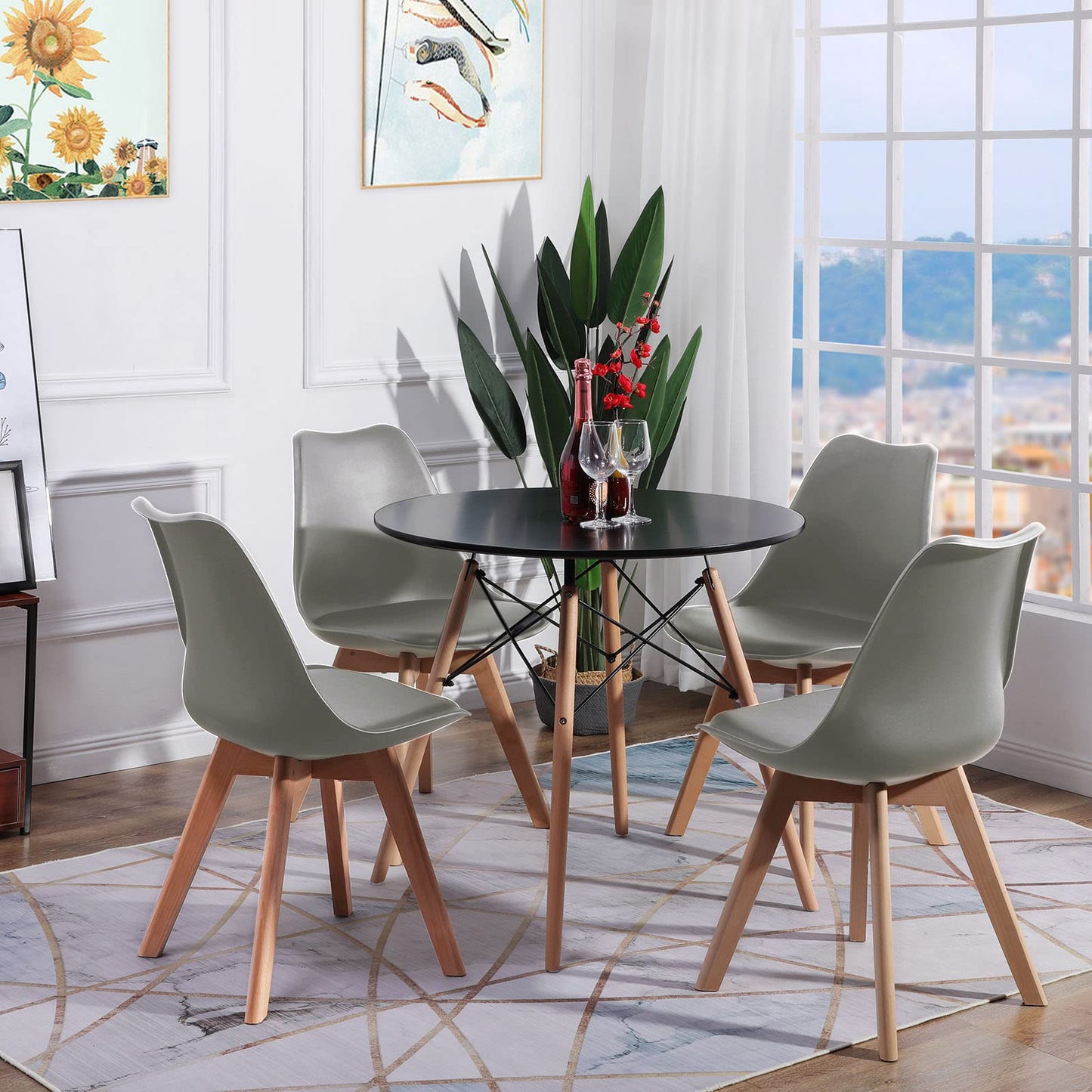FURNITABLE Round Dining Room Table with 4 White Chairs Dining Room Set for Dining Room Kitchen Living Room