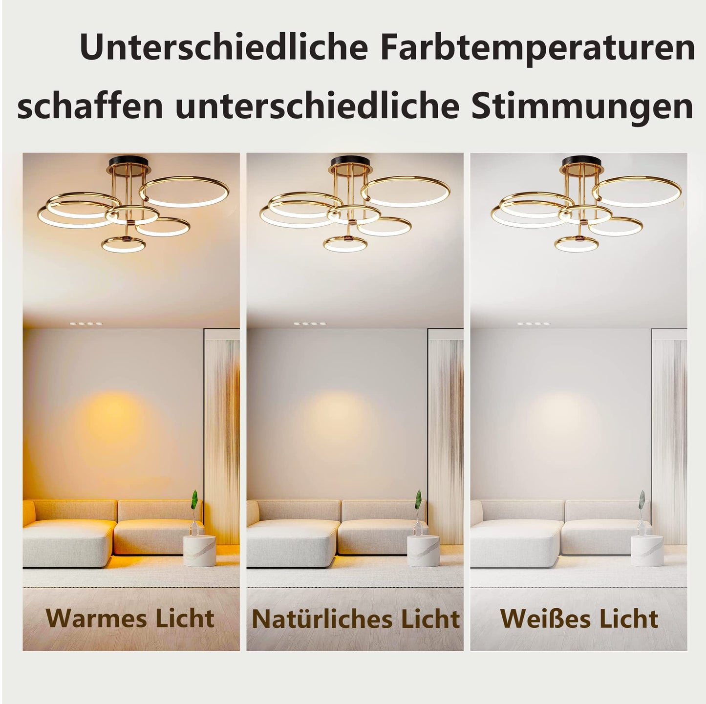 LED Deckenleuchte Modern Design Deckenlampen Gold 5-Ring Lampen Dimmbar Wohnzimmerlampe mit Fernbedienung, Aluminium Led Beleuchtung für Wohnzimmer Schlafzimmer Küche Esszimmer Büro 93cm, 108W…