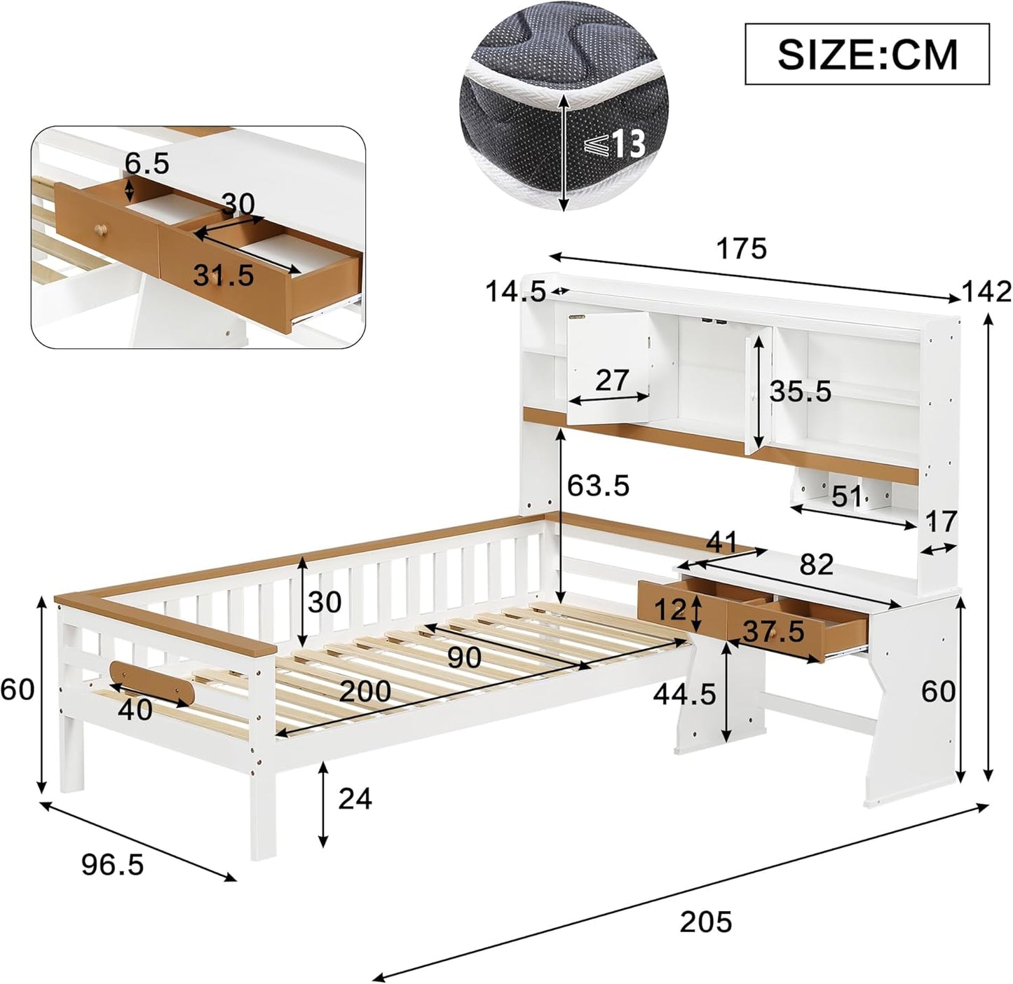 Merax Children's Bed 90 x 200 cm with Fall Protection, Children's House Bed with Drawers and Storage Shelf, Sturdy Wooden Tree House Bed with Slatted Frame, Play Bed for Boys and Girls, White
