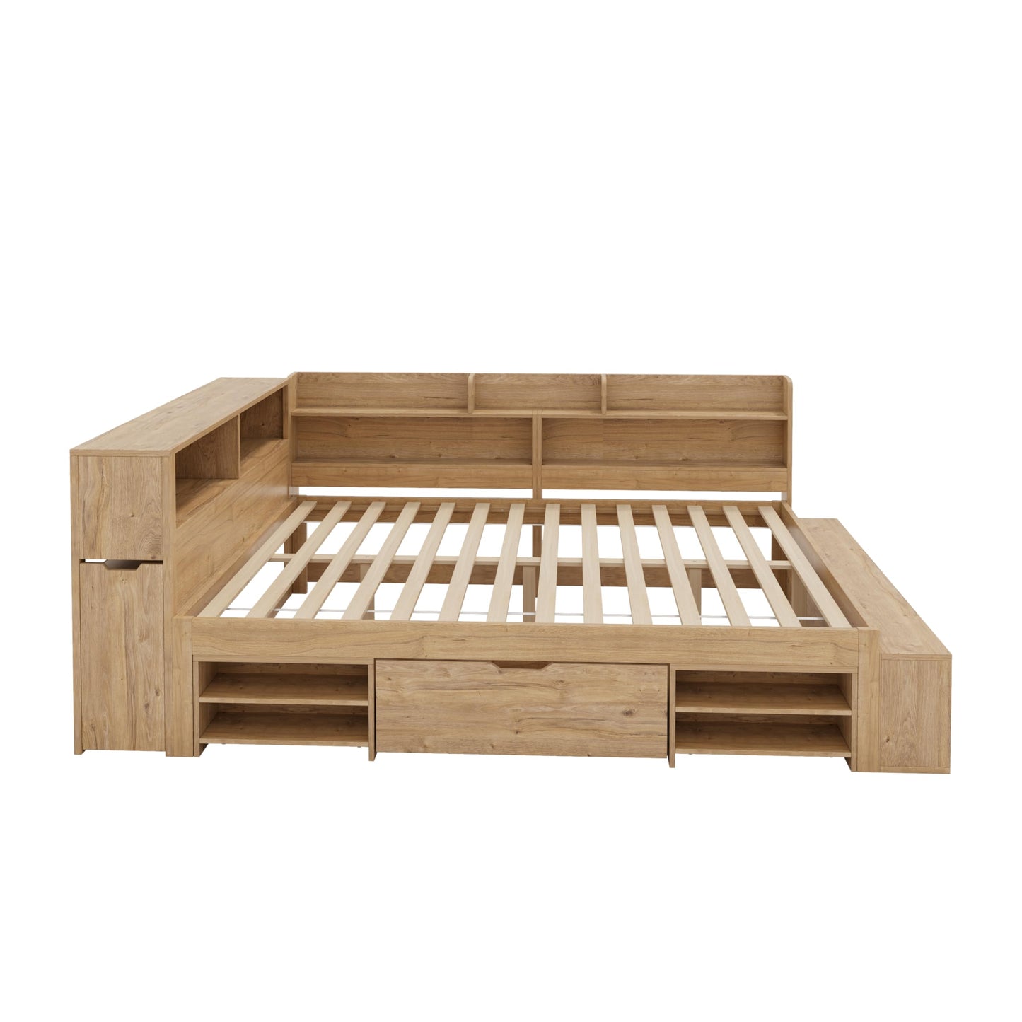 Children's Bed 90 x 200 cm, Wooden Bed with Drawers and Board, Headboard with Bookshelf and Fall Protection, Bed with Slatted Frame and Storage Space, Teenager's Bed, Functional Bed, Wooden Bed Frame,