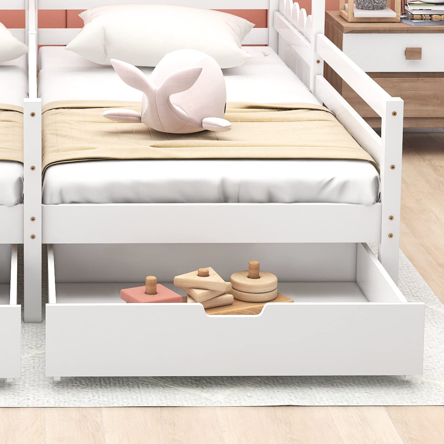 Merax Hausbett 90x200 cm mit 2 Schubladen, für 2 Kinder Doppelbett, Vielseitiges Holz Baumhausbett für Mädchen & Jungen, Stabil Spielbett Gitterbett mit Rausfallschutz und Lattenrost, Weiß