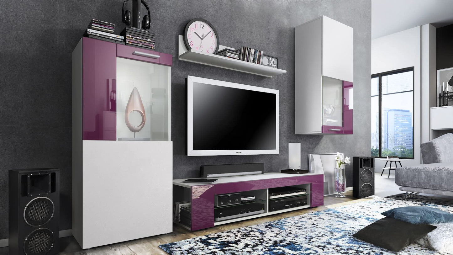 Vladon Wohnwand Movie, Anbauwand bestehend aus 1 TV-Board, 2 Vitrinen und 1 Regal, Weiß matt/Weiß matt/Weiß Hochglanz (Gesamt: 300 x 190 x 39 cm)