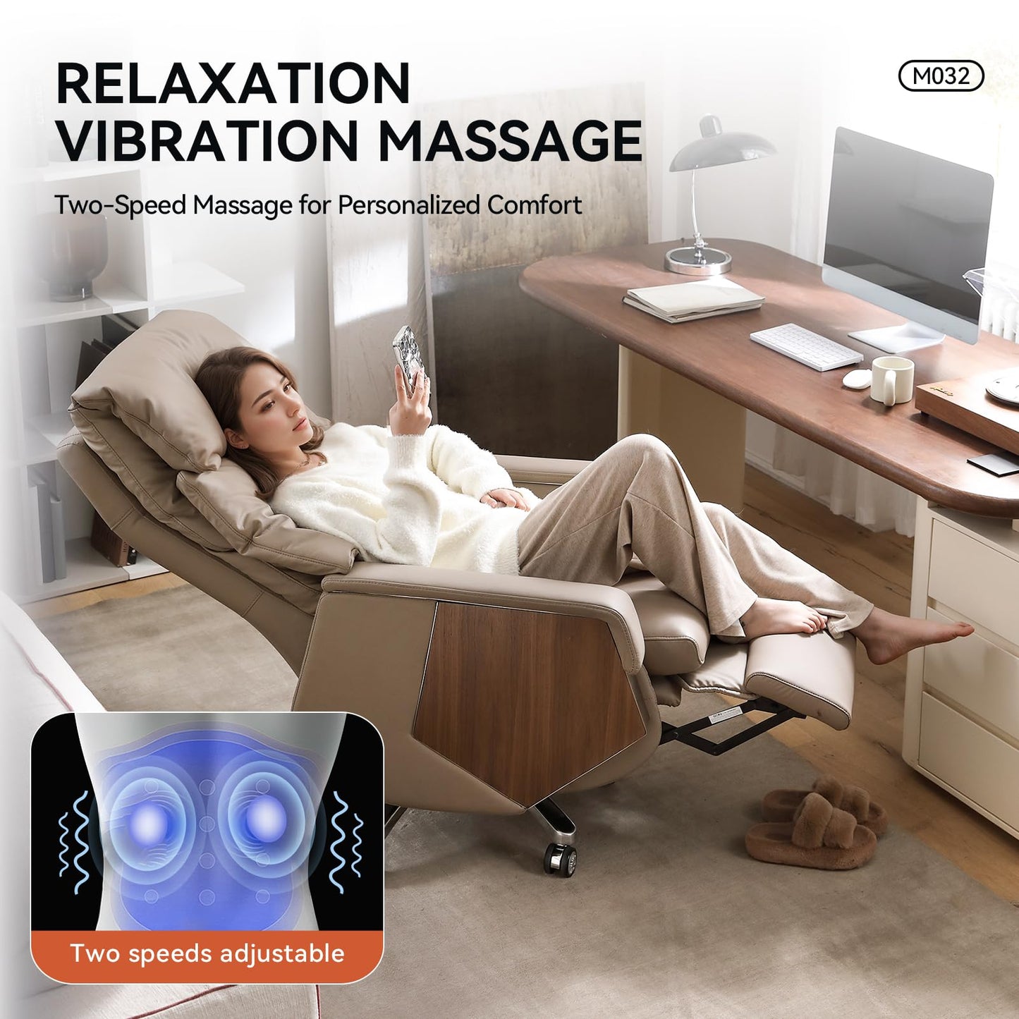 EMIAH Executive Massage Chefsessel M032-1 Liegefunktion Bürostuhl mit Armlehne Ergonomischer Schreibtischstuhl mit Fußstütze und Lendenwirbelstütze Elektrischer Rollender Leder Computerstuhl (Khaki)