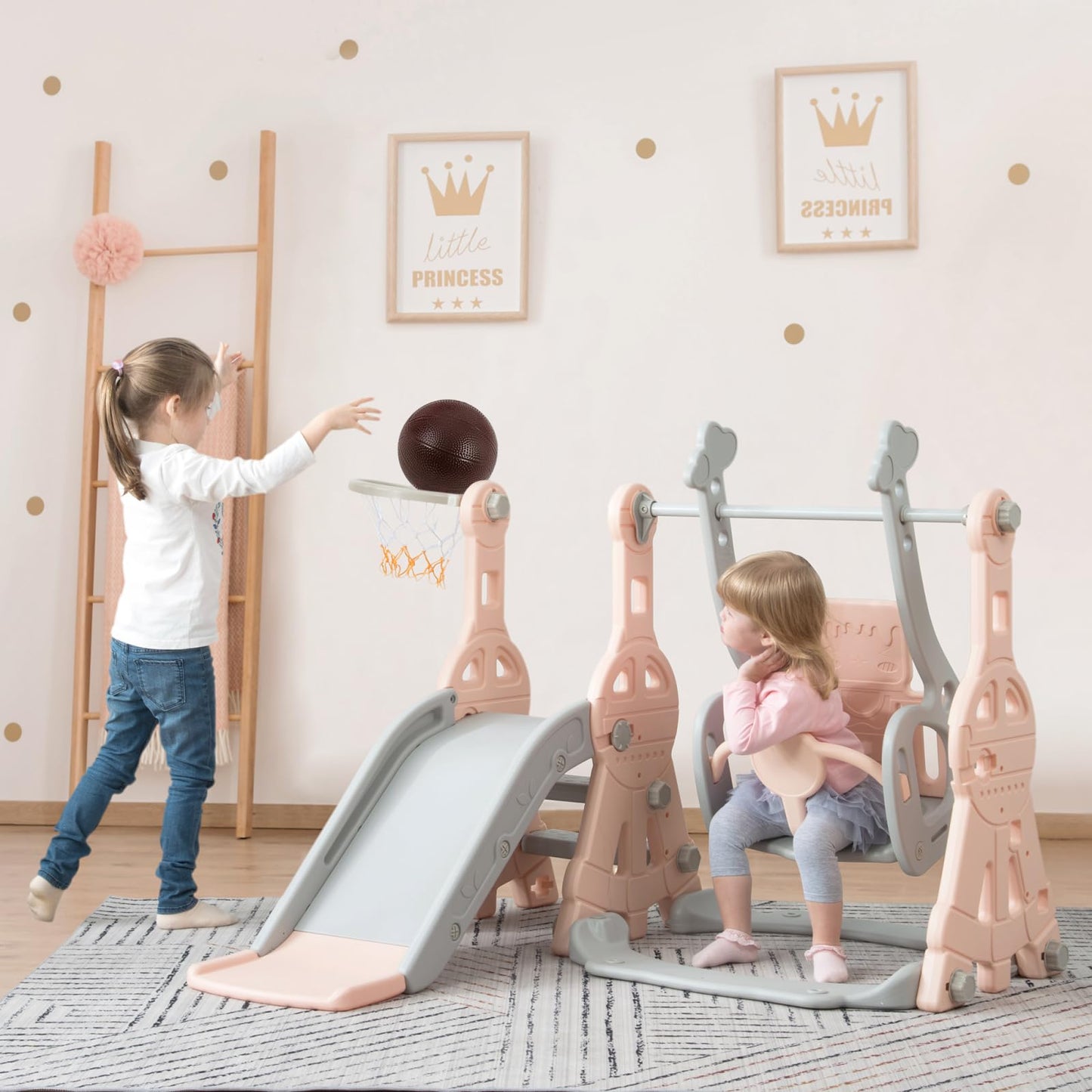 Kinderrutsche, Babyschaukel, 4 in 1, mit Schaukeln, Treppen, Gleiten, Basketballgestellen, Spielplatz für drinnen und draußen, multifunktionale Rutsche (Rosa, Kaninchen)
