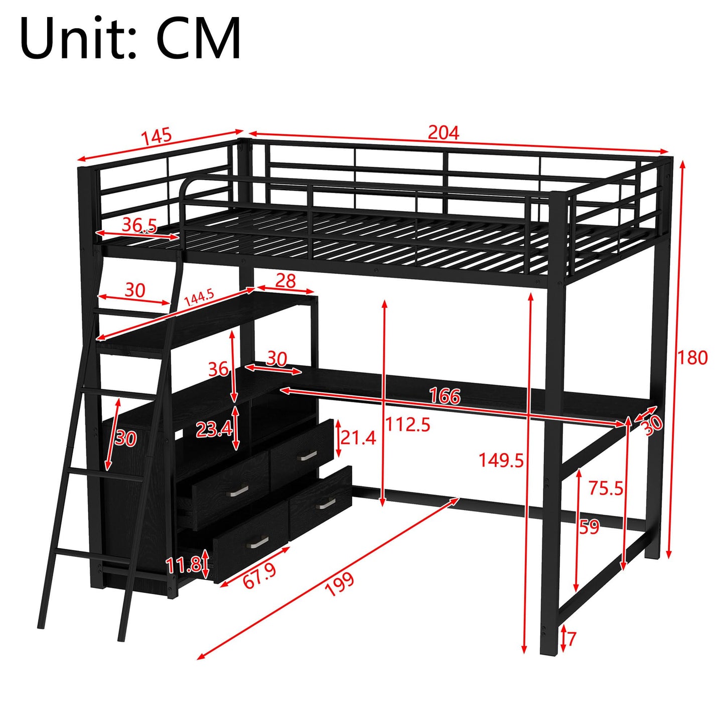 Merax Kinderbett Hochbett 90x200 cm Metallbett mit L-förmigem Schreibtisch, 2 Schubladen und Regal, Bettgestell mit Lattenrost (ohne Matratze) für Kinder/Erwachsene, Schwarz