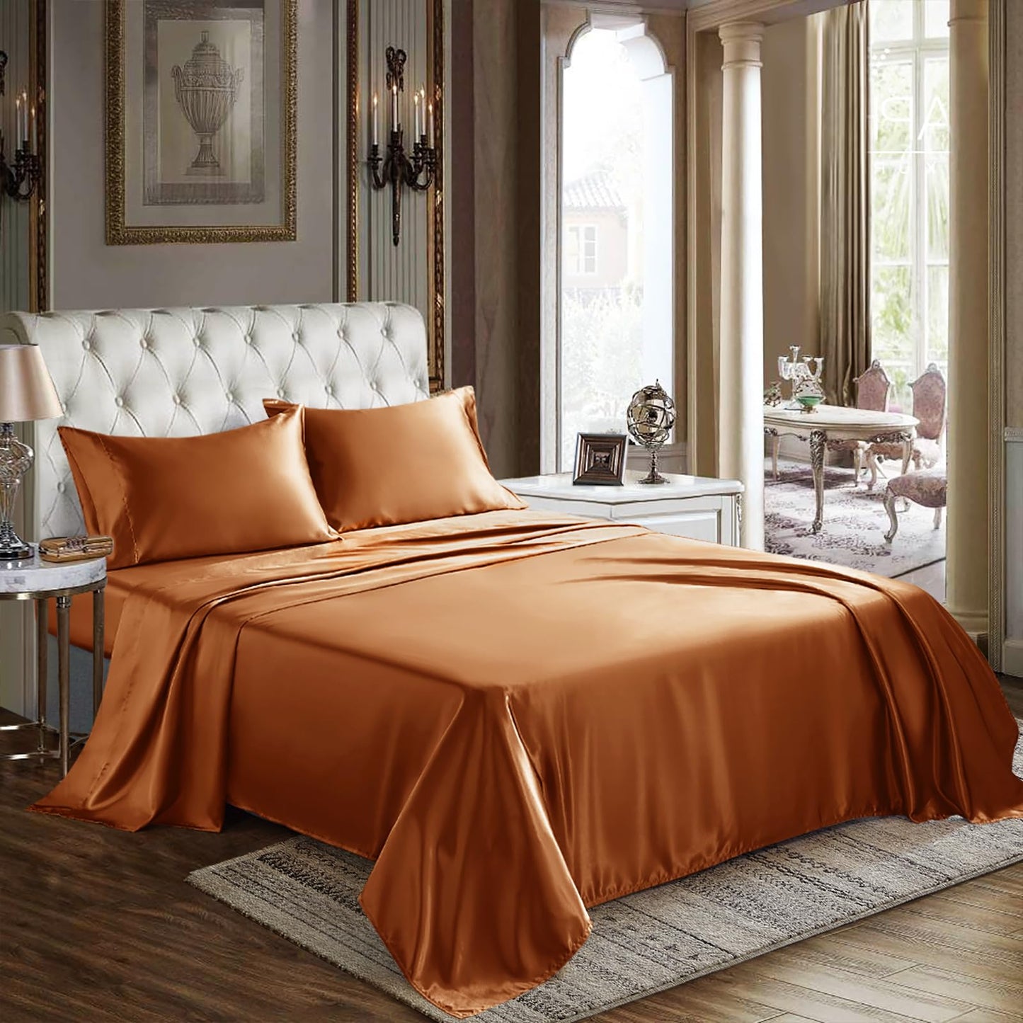 CozyLux Satin Sheets Queen Size - 4 Piece Black Bed Sheet Set with Silky Microfiber, 1 Deep Pocket Fitted Sheet, 1 Flat Sheet, and 2 Pillowcases - Smooth and Soft