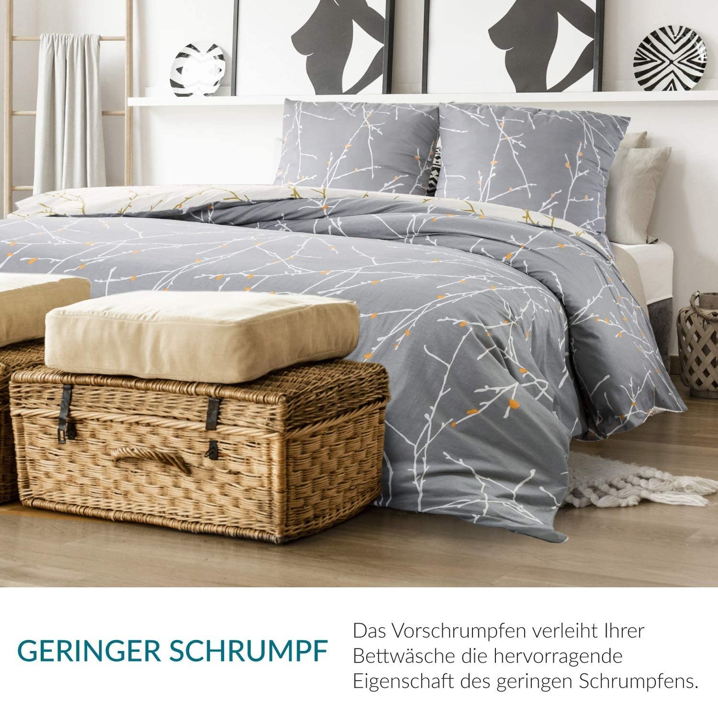 BEDSURE Bettwäsche 135x200 4teilig Bettbezug - Bettwäsche-Sets 135 x 200 cm 2er Set mit 2 Kissenbezüge 80x80cm, ÖKO-TEX Wendebettwäsche Bedding Zweige Grau Muster mit Reißverschluss