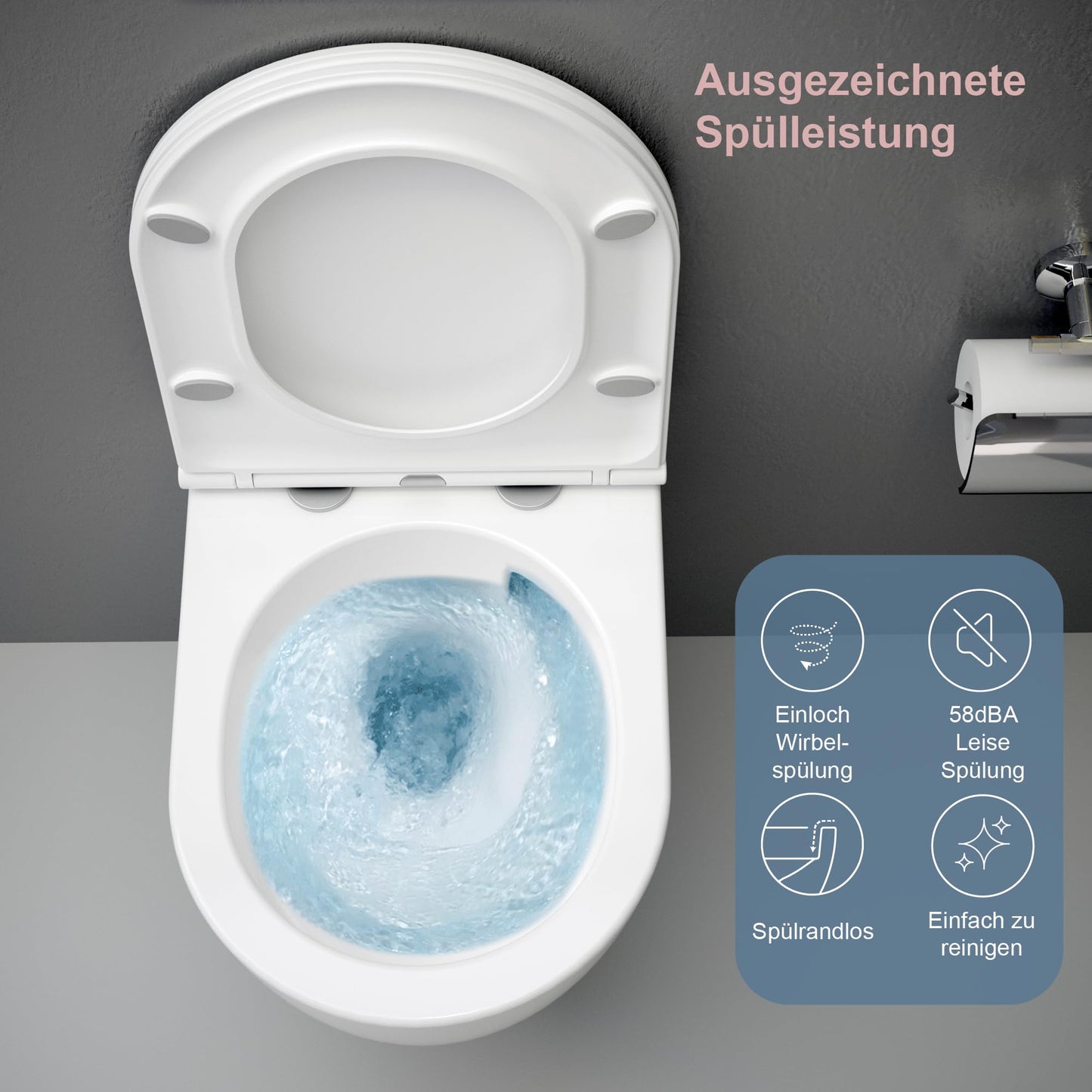 UDiseño Wall Toilet Rimless Toilet, 360° Superspin Flush Hanging Toilet, Raised Complete Set, D Shape, Low Noise Tornado Toilet Flush, UF Lid Seat with Soft-Close Mechanism, 52.5 cm Long, White