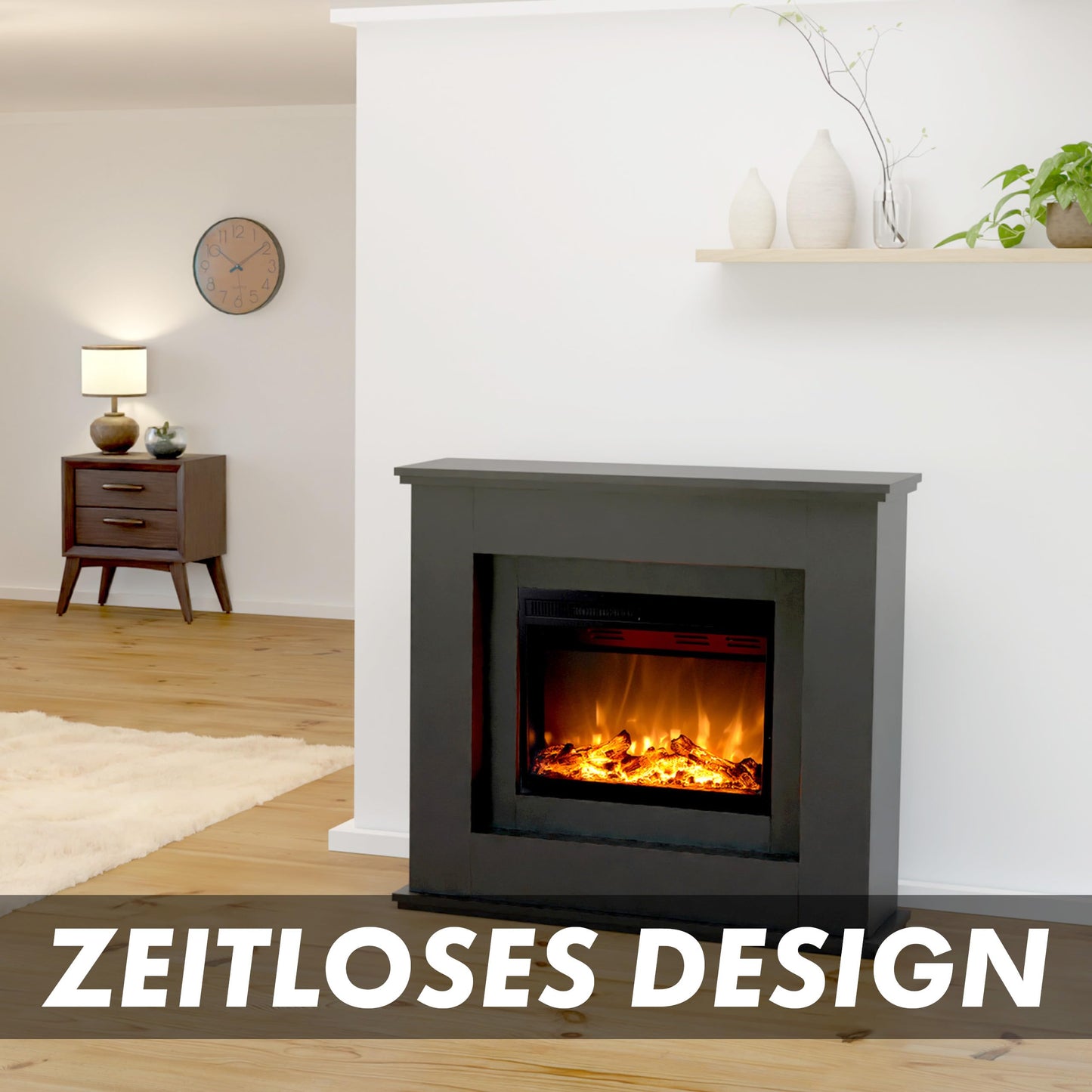 GLOW FIRE Elektrokamin mit Heizung und Kaminfeuer (Standkamin Europa) - elektrischer Kamin mit LED-Feuer in 3 Farben, Heizlüfter, Holz-Deko & Fernbedienung, 111x101x33 cm, Schwarz