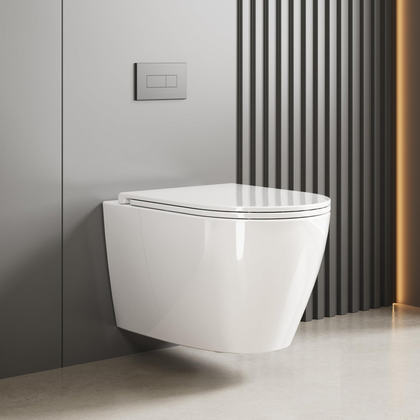 Hängend WC Spülrandlos Toilette, Wand-WC Set aus Keramik mit Toilettendeckel Abnehmbaren Absenkautomatik Effizienter Spültechnik Hängetoilette, D-Form,Lang 51cm, Weiß