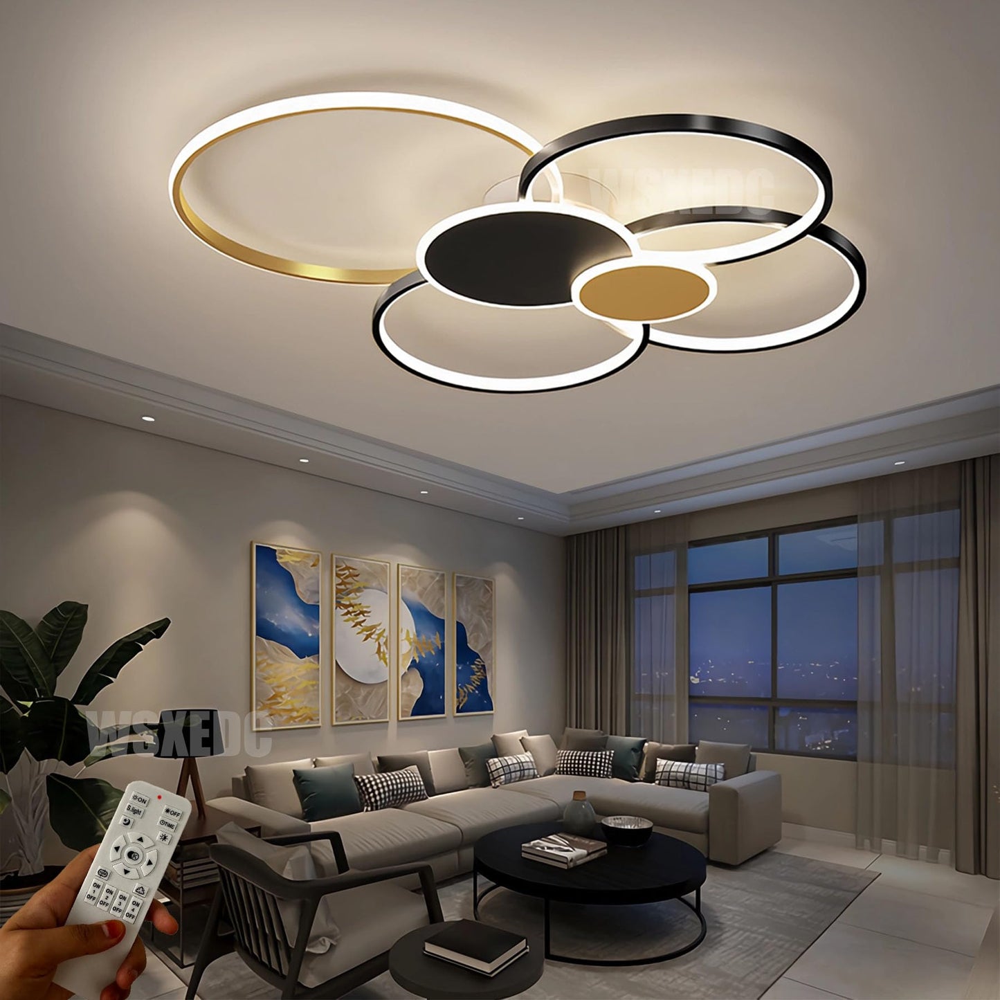 Dimmbare LED 6 Ring Wohnzimmerleuchte LED-Deckenleuchte moderne kreative Deckenbeleuchtung Innenbeleuchtung für die Augenpflege Für Schlafzimmer Büro Esszimmer Jugendzimmer (Weiß, L80cm 71W)